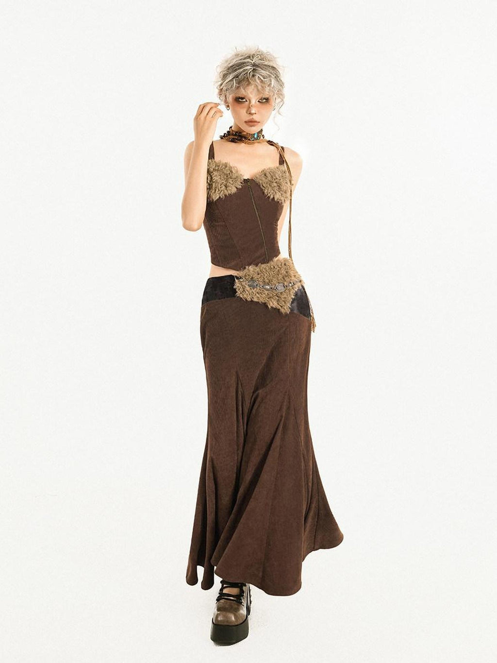 Nico Molly High Waist Wool Fishtail Streetwear Euro Young Women Brown Midi Skirts