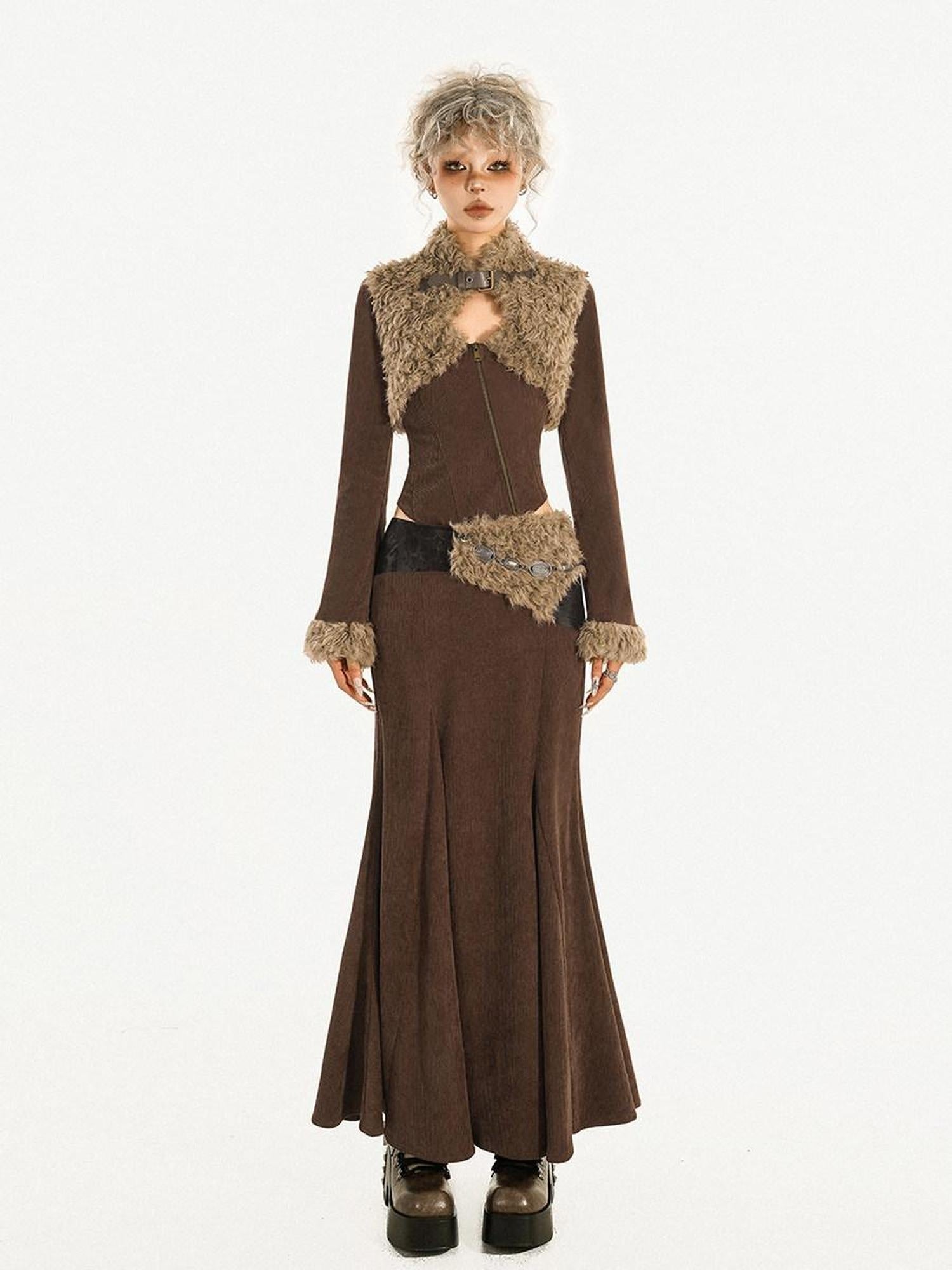 Nico Molly High Waist Wool Fishtail Streetwear Euro Young Women Brown Midi Skirts