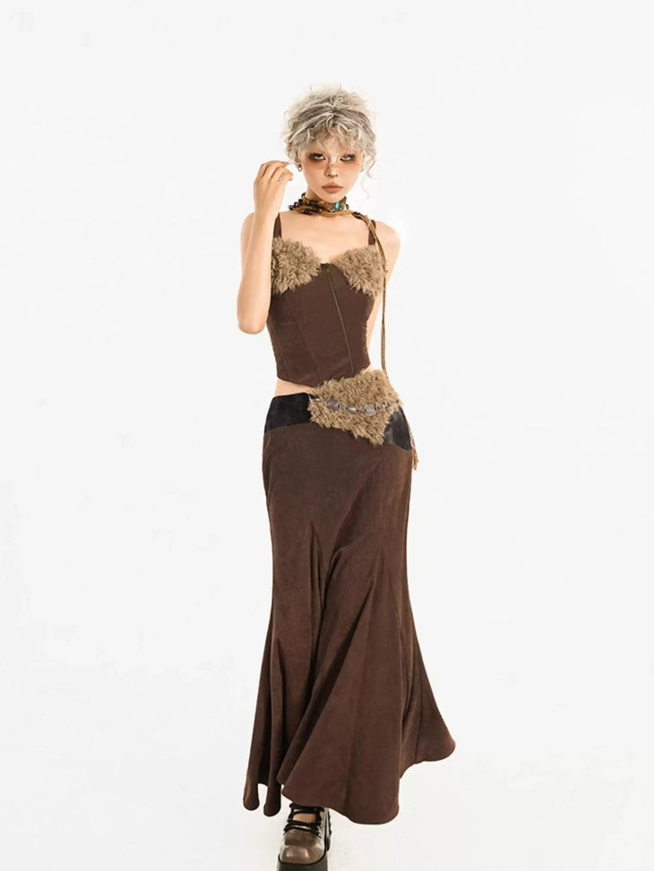 Nico Molly High Waist Wool Fishtail Streetwear Euro Young Women Brown Midi Skirts