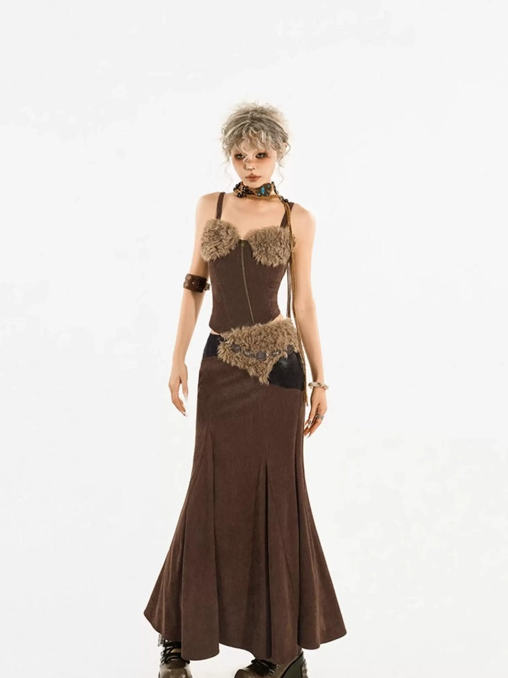 Nico Molly High Waist Wool Fishtail Streetwear Euro Young Women Brown Midi Skirts