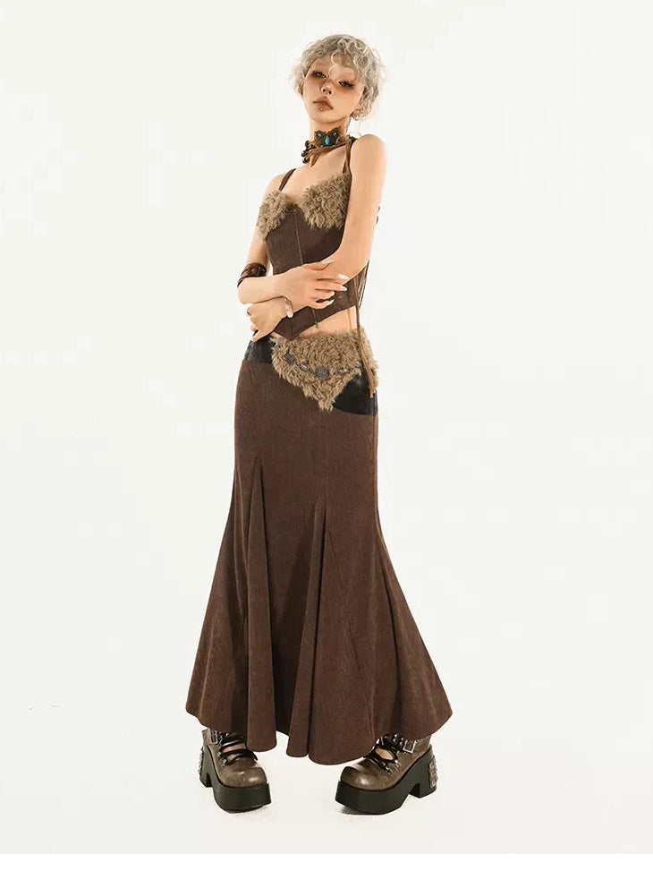 Nico Molly High Waist Wool Fishtail Streetwear Euro Young Women Brown Midi Skirts
