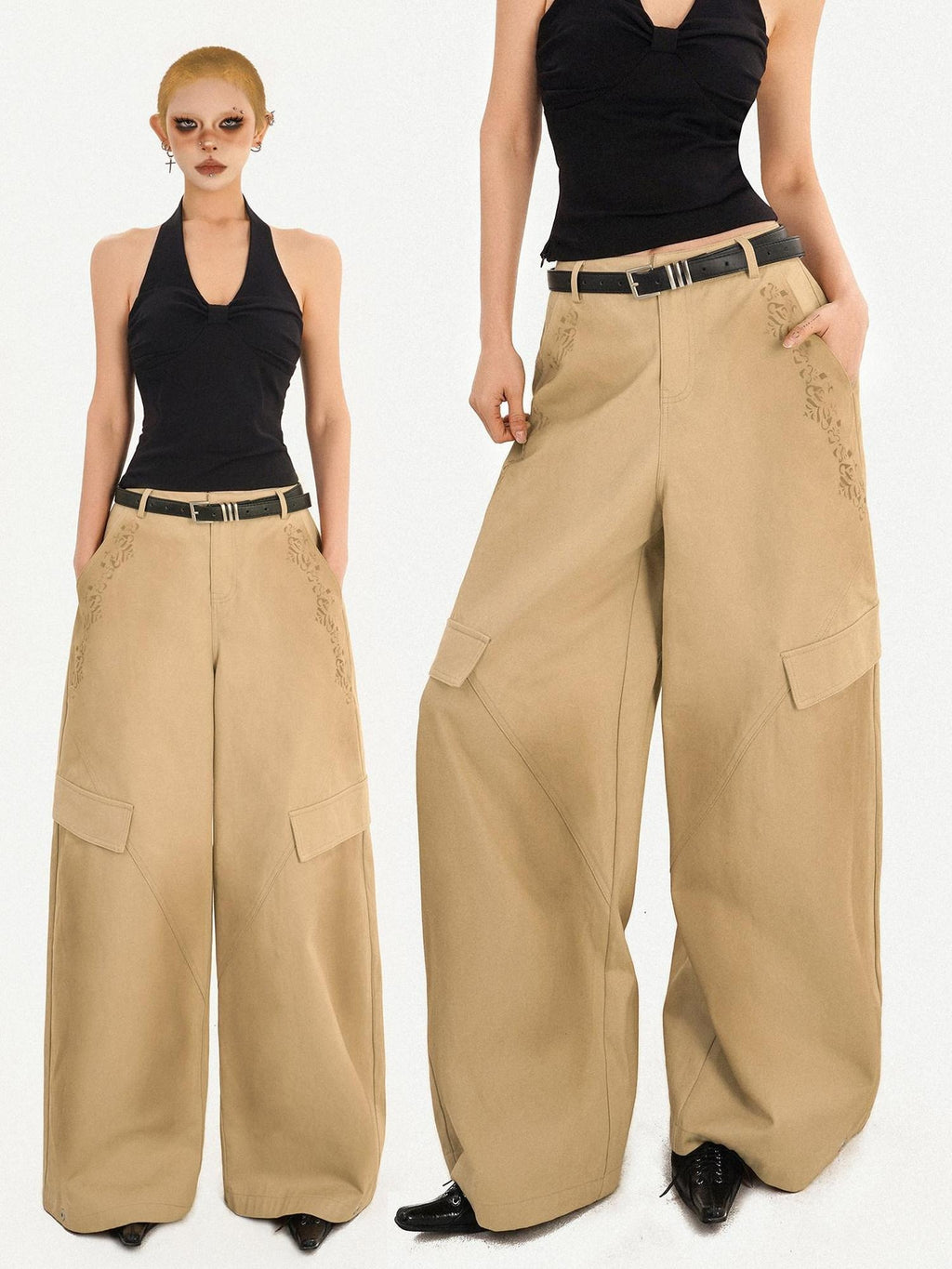 Nico Molly High Waisted Cargo Style Button Front Khaki Straight Leg Women Wide Leg Pants