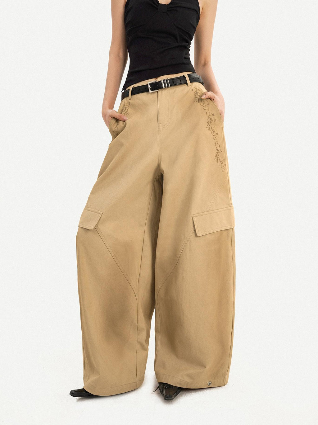 Nico Molly High Waisted Cargo Style Button Front Khaki Straight Leg Women Wide Leg Pants
