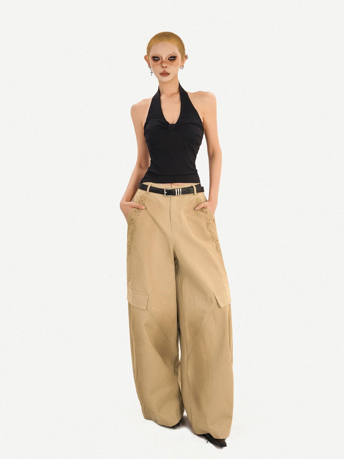 Nico Molly High Waisted Cargo Style Button Front Khaki Straight Leg Women Wide Leg Pants
