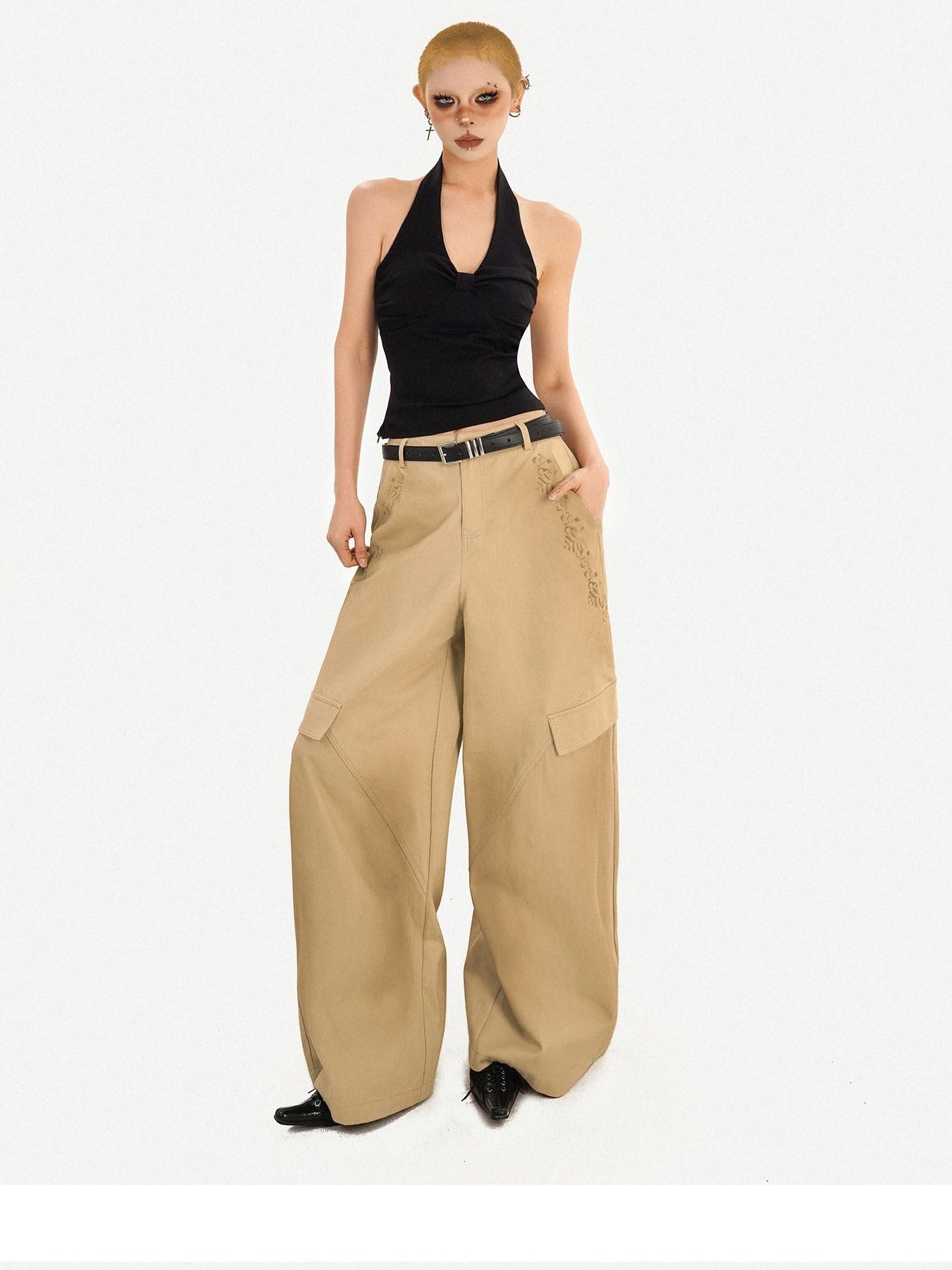 Nico Molly High Waisted Cargo Style Button Front Khaki Straight Leg Women Wide Leg Pants