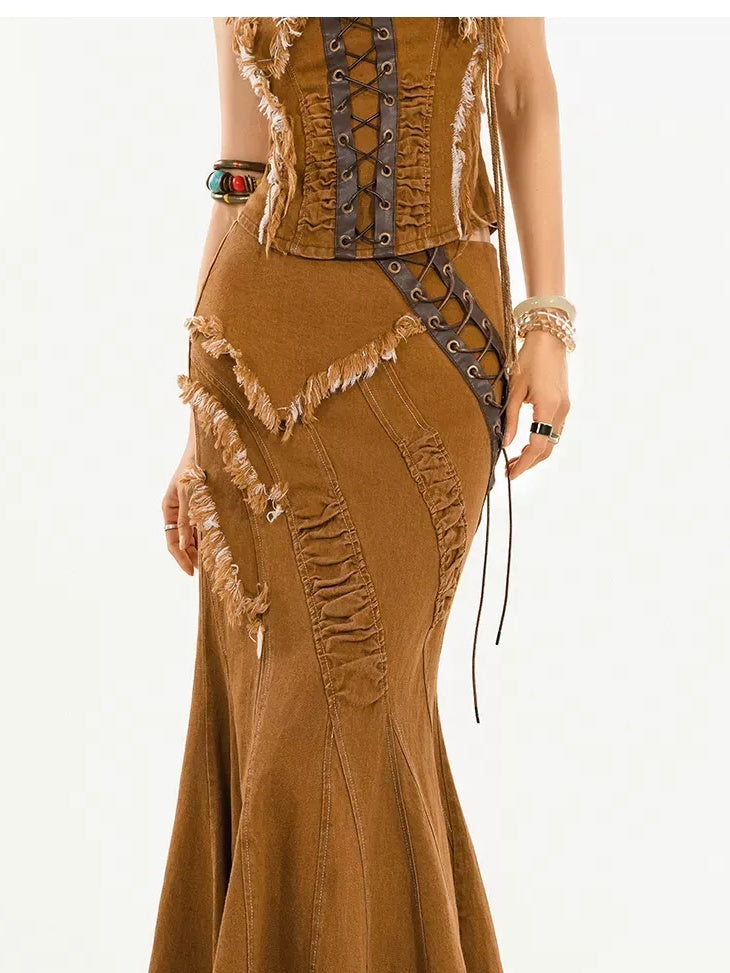Nico Molly High Waisted Ginger Yellow Frayed Hem A Line Street Girls Maxi Skirts