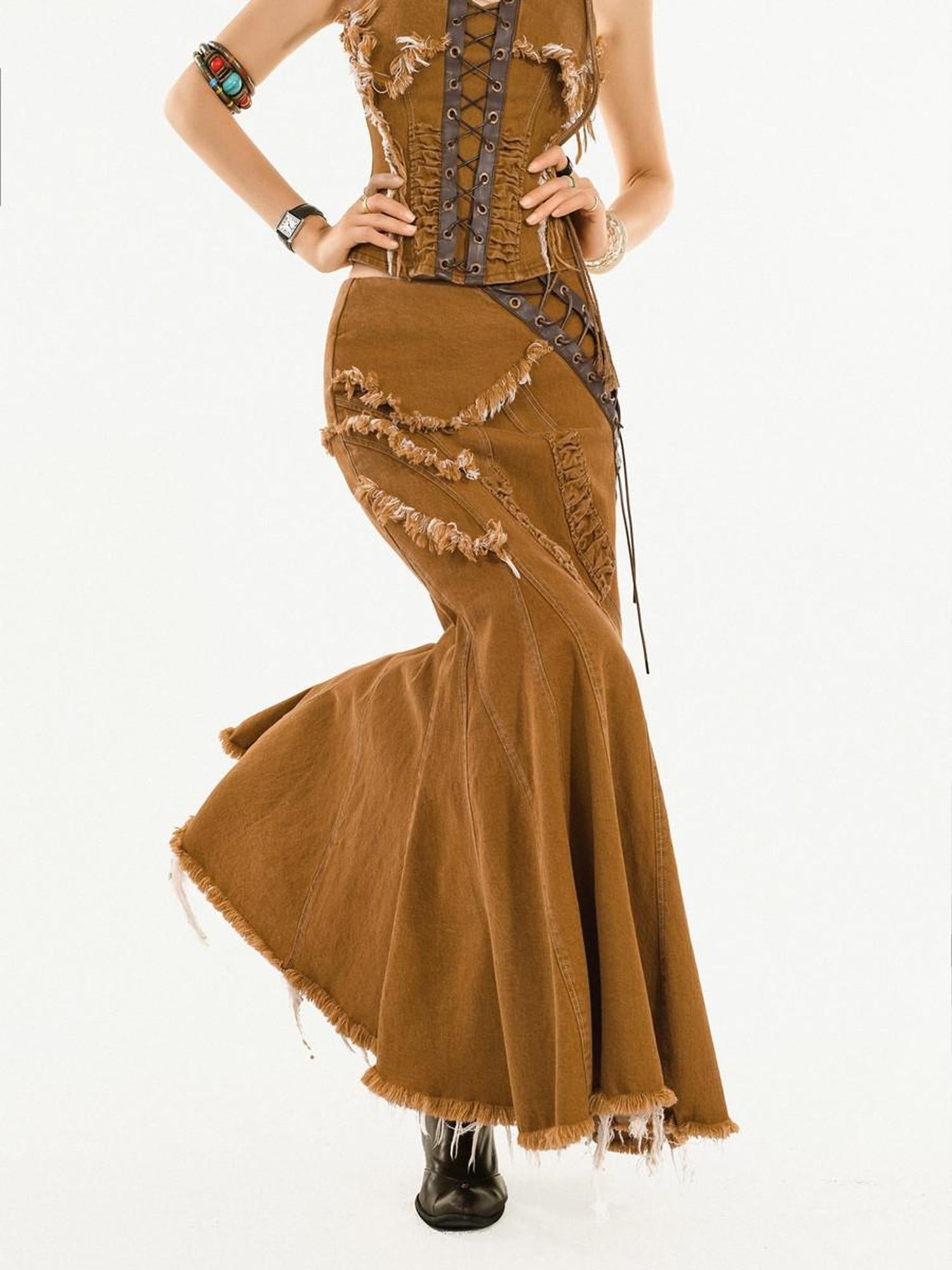 Nico Molly High Waisted Ginger Yellow Frayed Hem A Line Street Girls Maxi Skirts