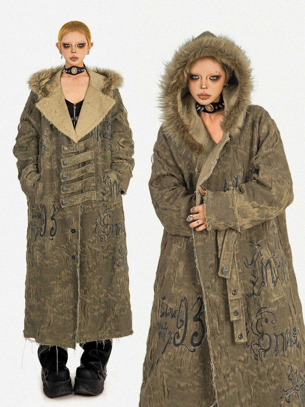 Nico Molly Hooded Frayed Hem Pop Art Street Loose Mid Length Letter Print Long Coats