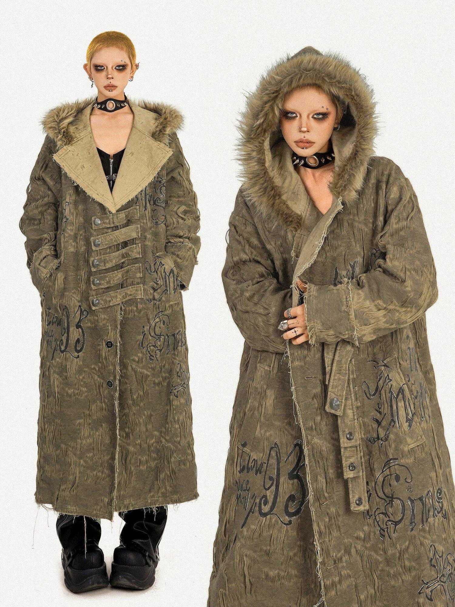 Nico Molly Hooded Frayed Hem Pop Art Street Loose Mid Length Letter Print Long Coats