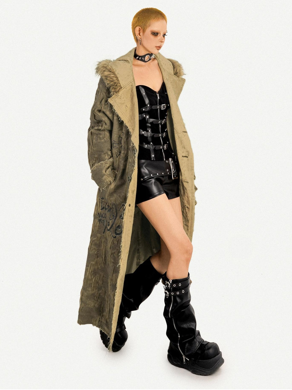 Nico Molly Hooded Frayed Hem Pop Art Street Loose Mid Length Letter Print Long Coats