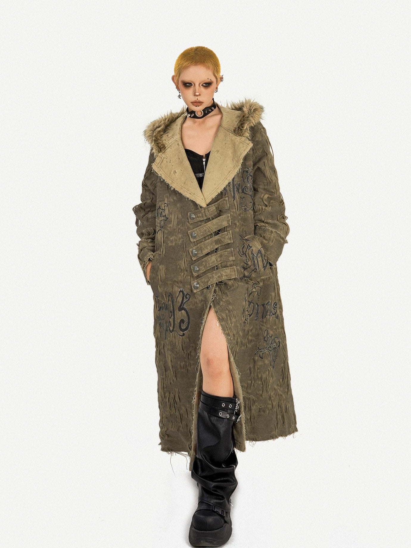 Nico Molly Hooded Frayed Hem Pop Art Street Loose Mid Length Letter Print Long Coats