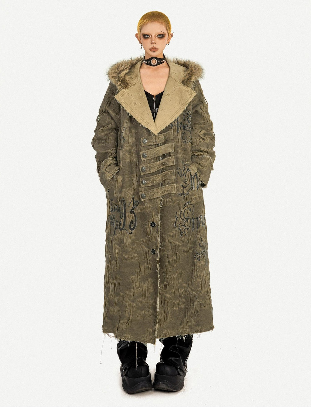 Nico Molly Hooded Frayed Hem Pop Art Street Loose Mid Length Letter Print Long Coats