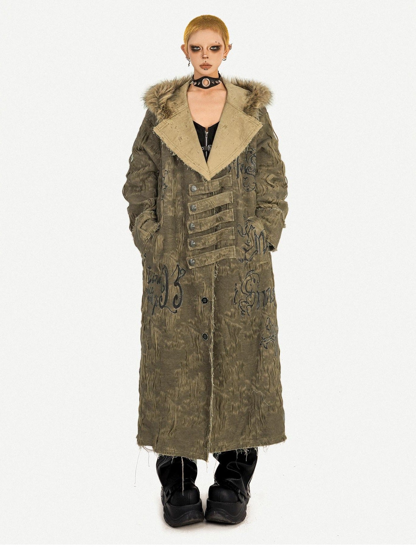 Nico Molly Hooded Frayed Hem Pop Art Street Loose Mid Length Letter Print Long Coats