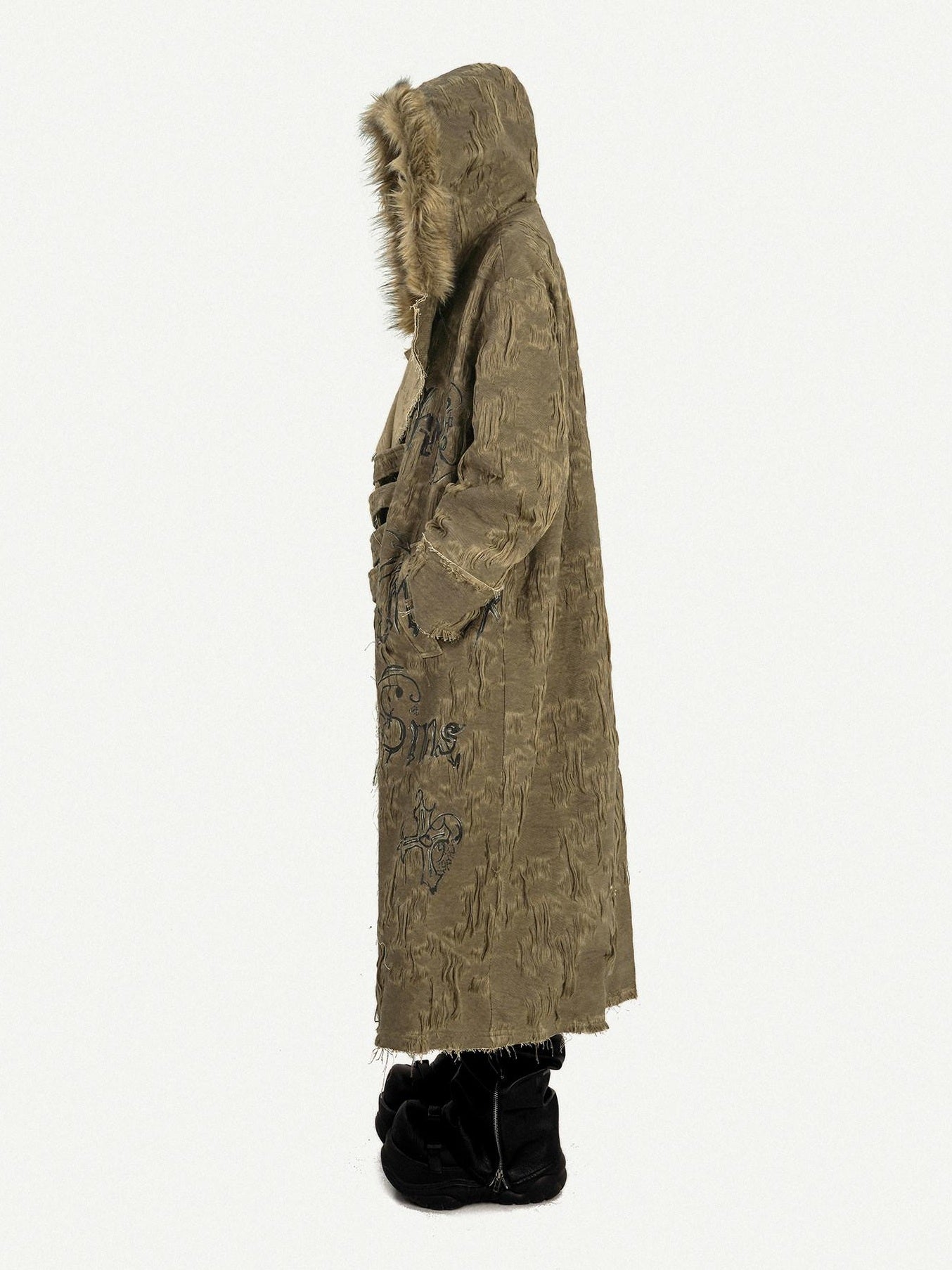 Nico Molly Hooded Frayed Hem Pop Art Street Loose Mid Length Letter Print Long Coats