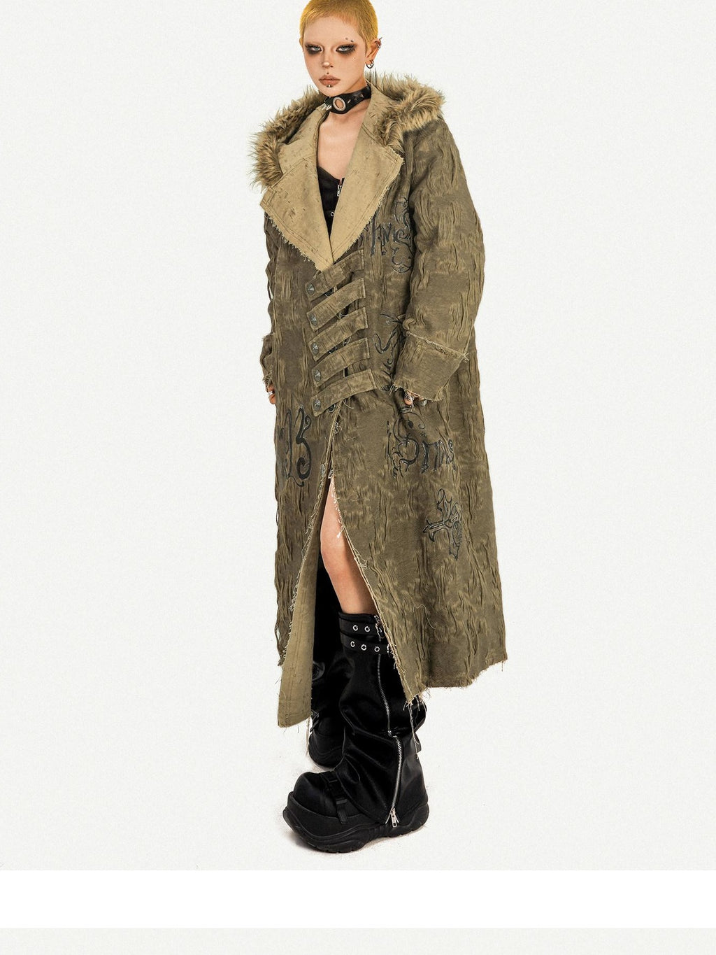 Nico Molly Hooded Frayed Hem Pop Art Street Loose Mid Length Letter Print Long Coats