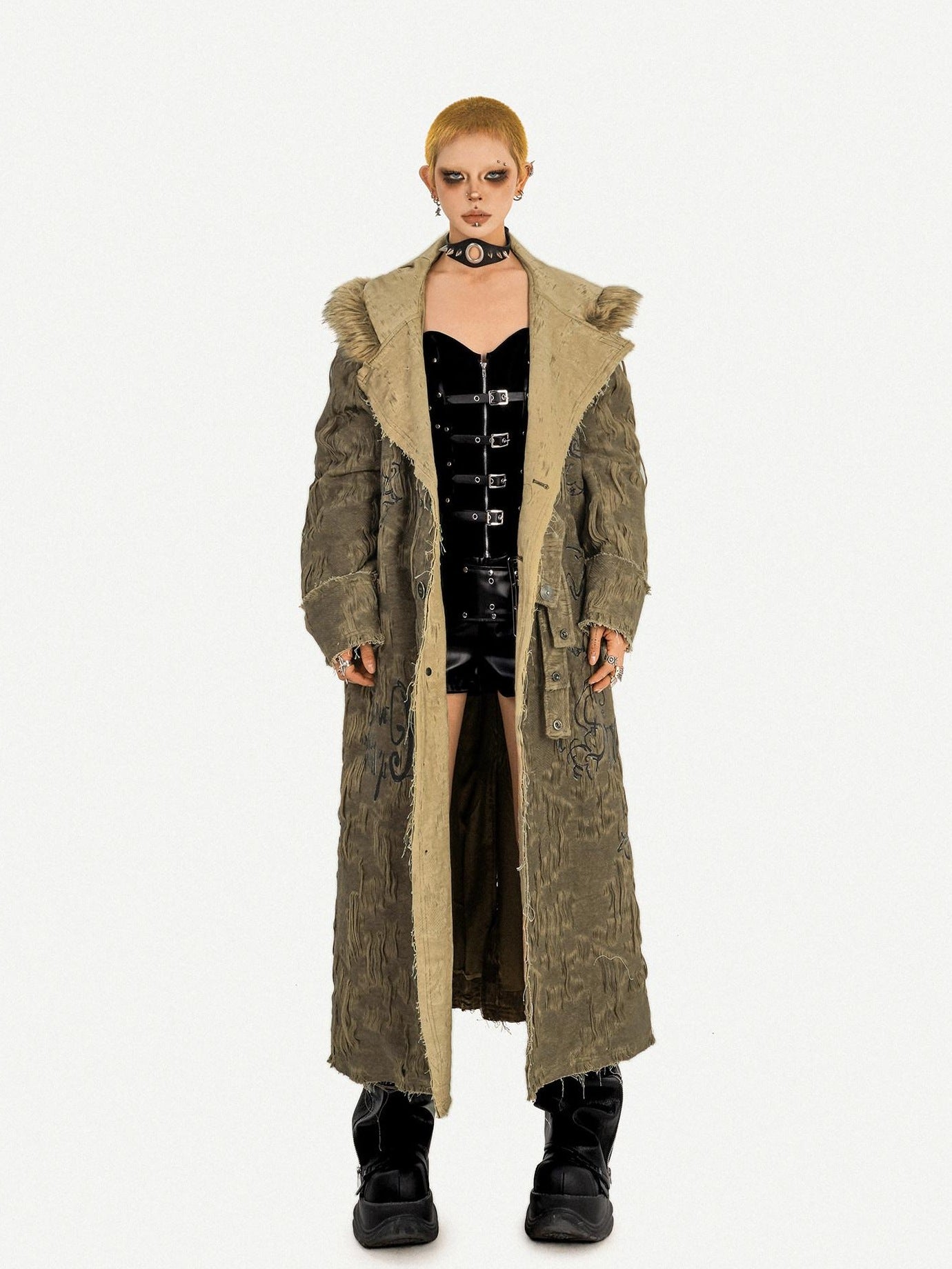 Nico Molly Hooded Frayed Hem Pop Art Street Loose Mid Length Letter Print Long Coats