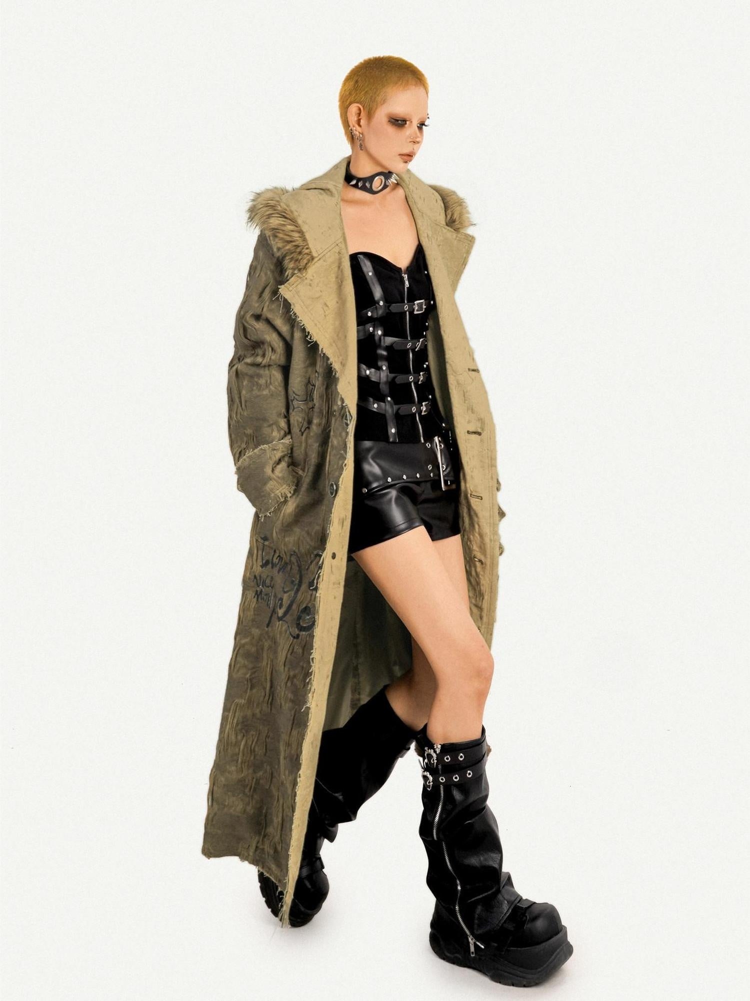 Nico Molly Hooded Frayed Hem Pop Art Street Loose Mid Length Letter Print Long Coats