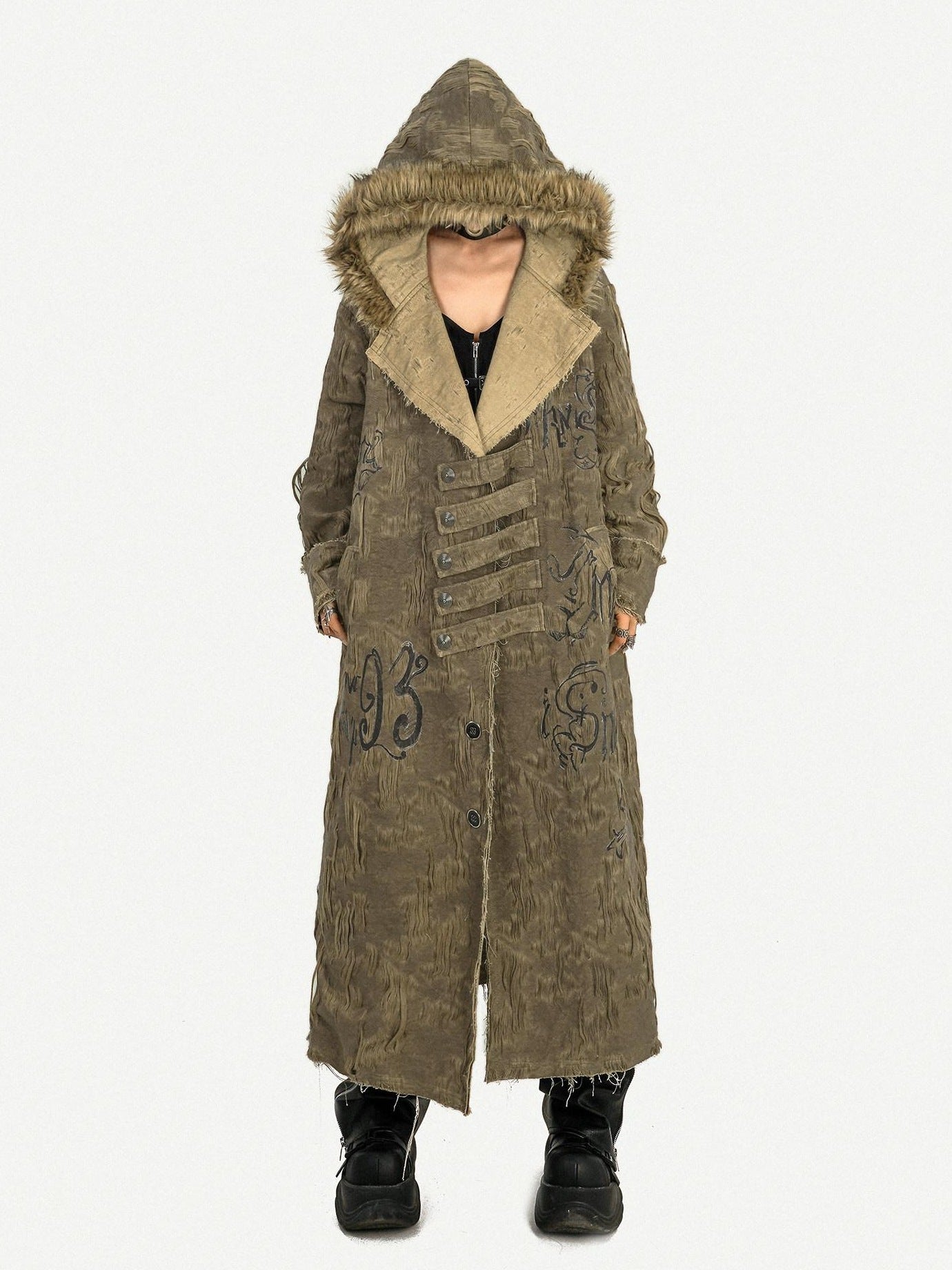 Nico Molly Hooded Frayed Hem Pop Art Street Loose Mid Length Letter Print Long Coats