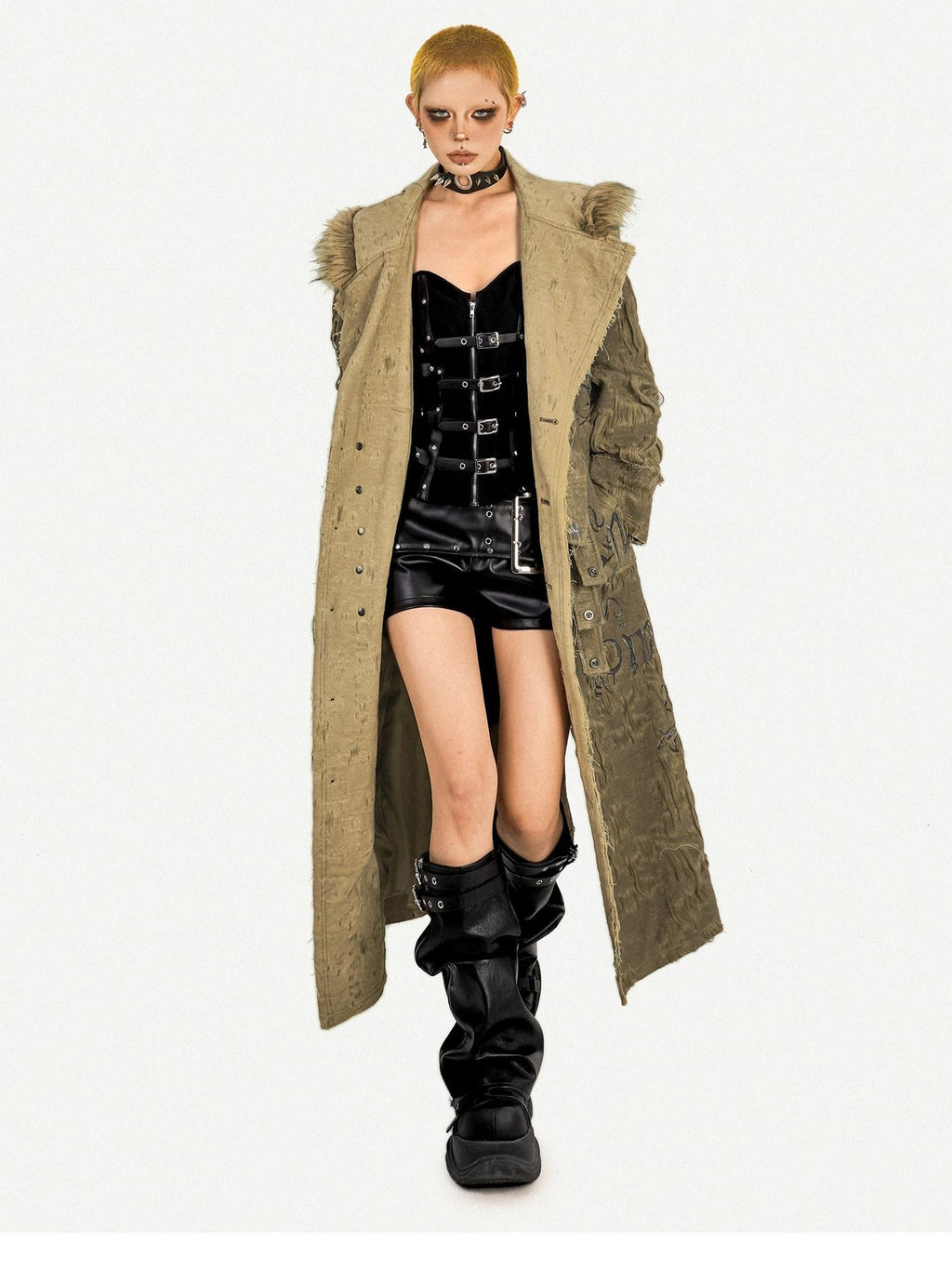 Nico Molly Hooded Frayed Hem Pop Art Street Loose Mid Length Letter Print Long Coats