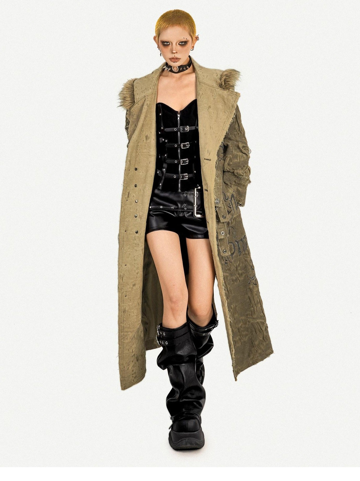 Nico Molly Hooded Frayed Hem Pop Art Street Loose Mid Length Letter Print Long Coats