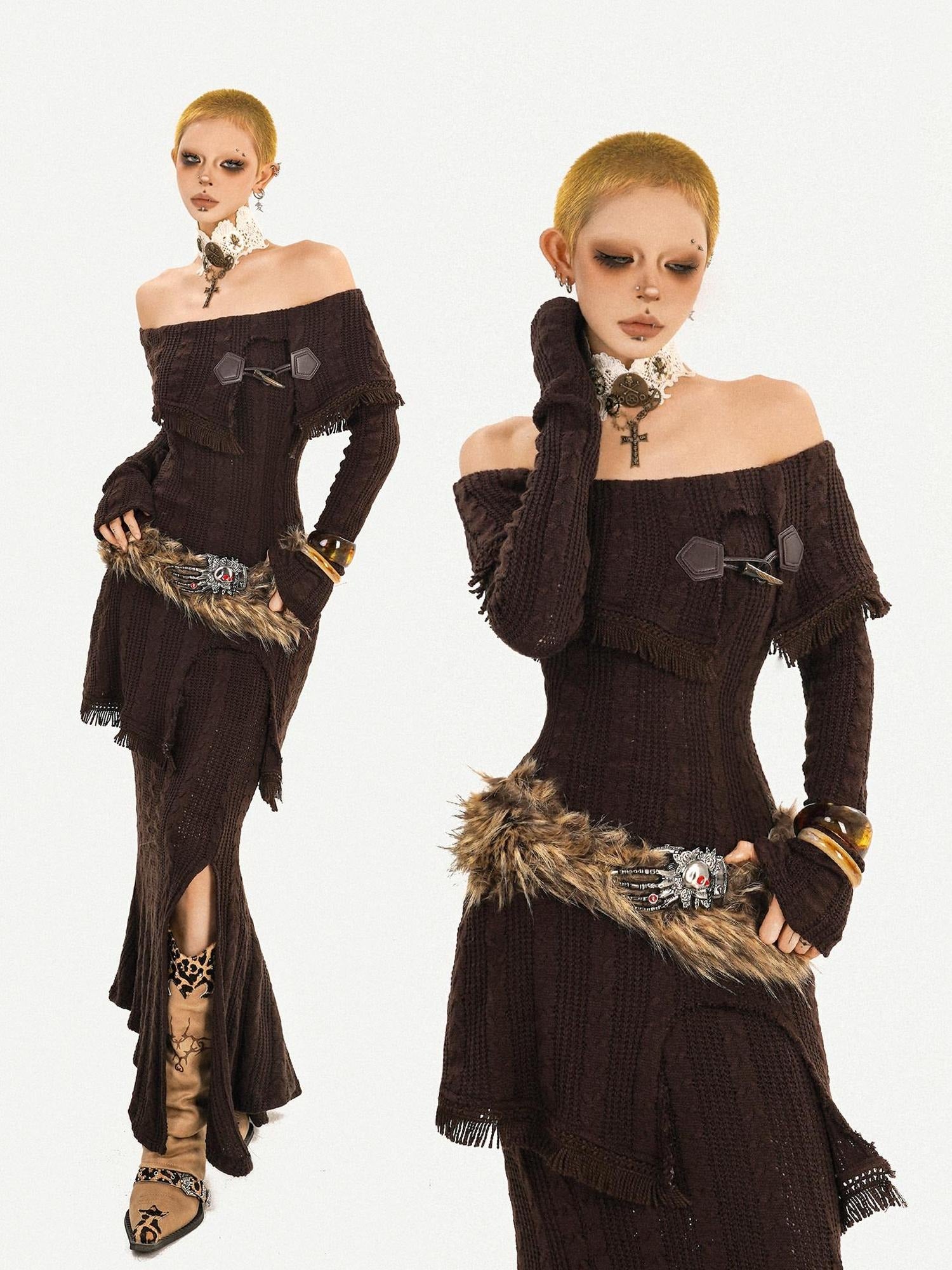 Nico Molly Knit Slim Fit Long Sleeve Mid High Waist Vintage Brown Party Top & Skirt Sets