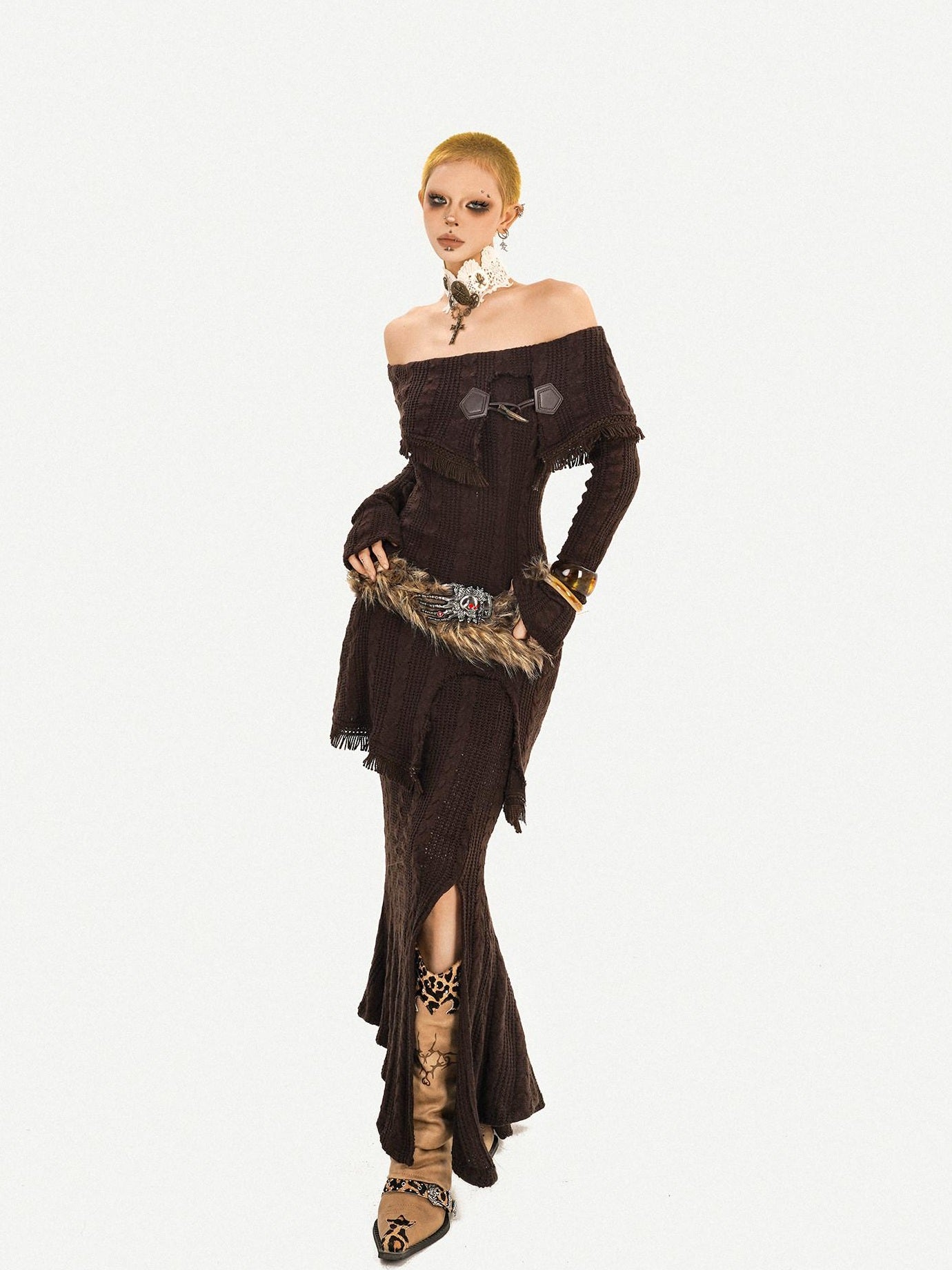 Nico Molly Knit Slim Fit Long Sleeve Mid High Waist Vintage Brown Party Top & Skirt Sets
