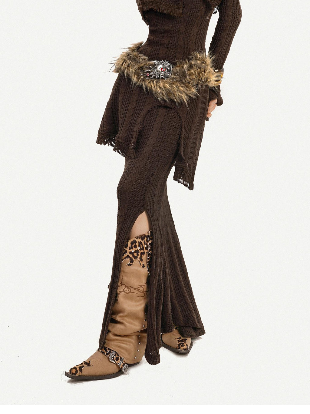 Nico Molly Knit Slim Fit Long Sleeve Mid High Waist Vintage Brown Party Top & Skirt Sets