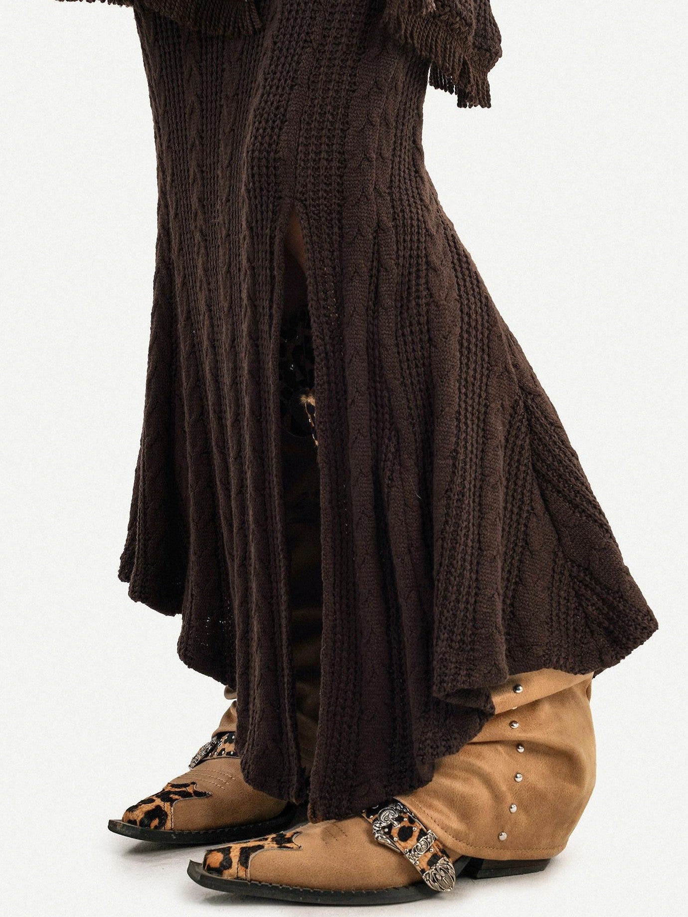Nico Molly Knit Slim Fit Long Sleeve Mid High Waist Vintage Brown Party Top & Skirt Sets