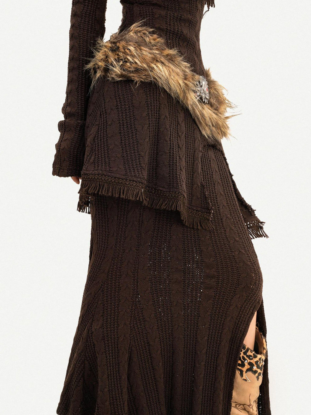 Nico Molly Knit Slim Fit Long Sleeve Mid High Waist Vintage Brown Party Top & Skirt Sets
