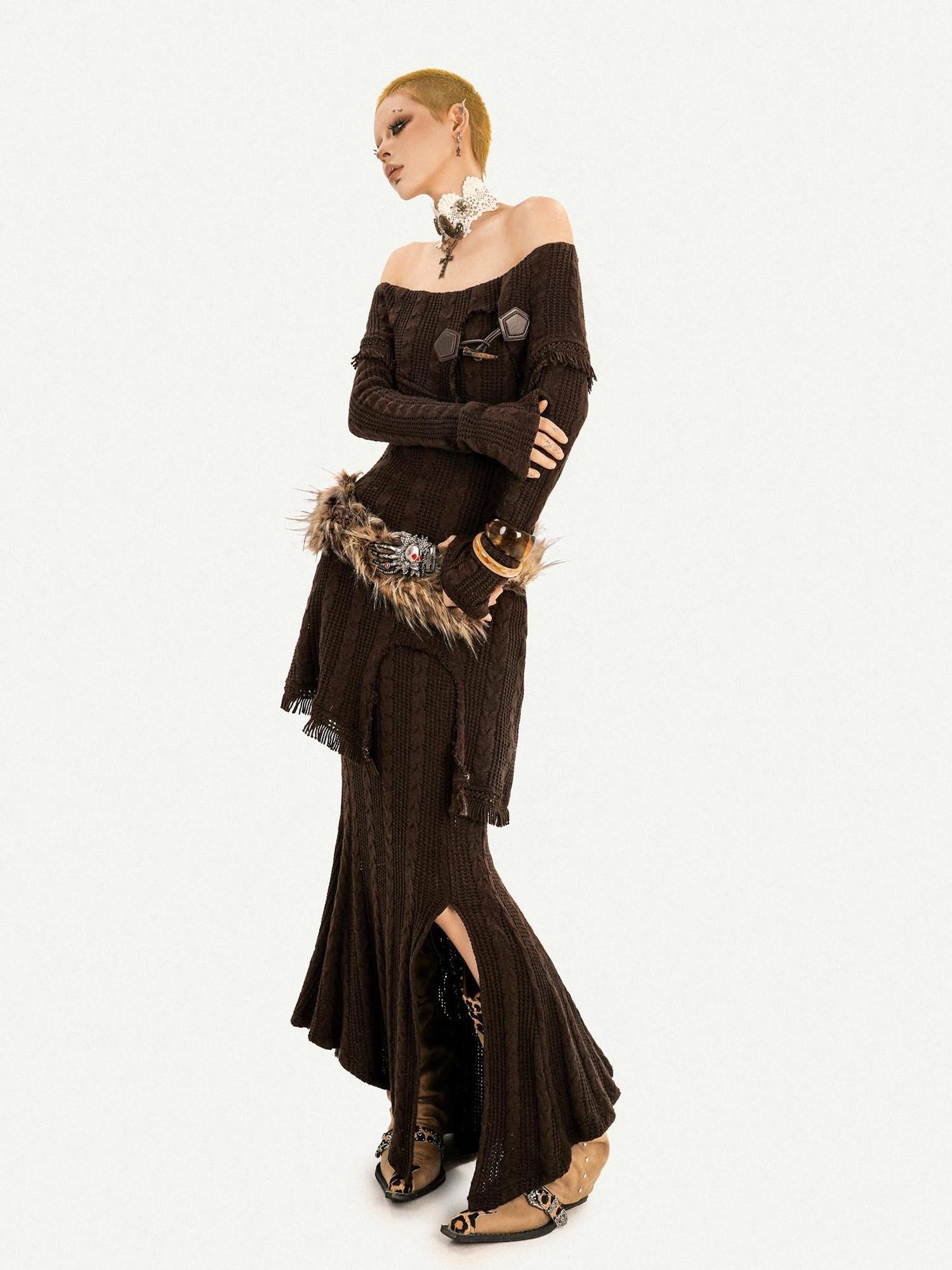 Nico Molly Knit Slim Fit Long Sleeve Mid High Waist Vintage Brown Party Top & Skirt Sets