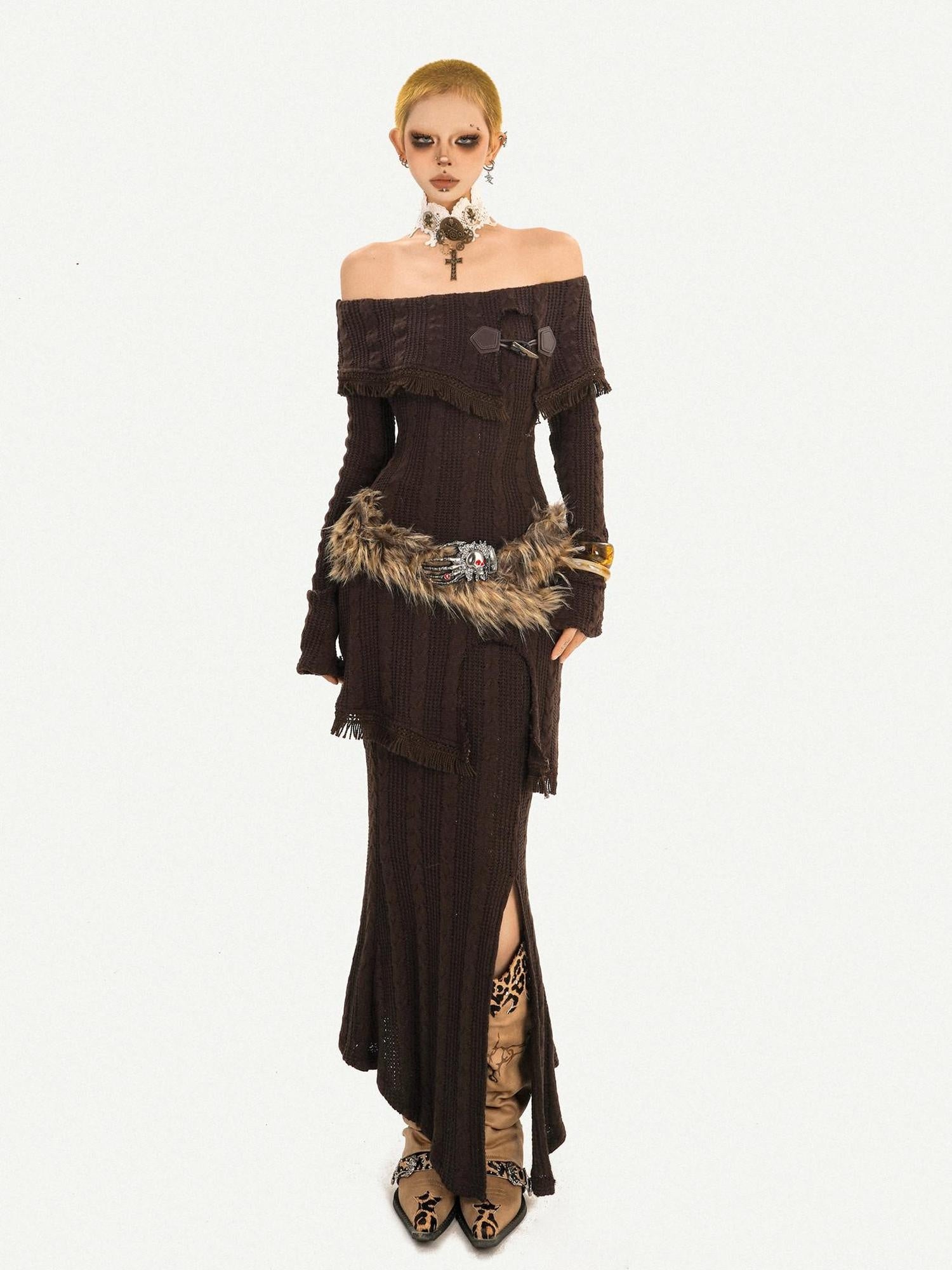 Nico Molly Knit Slim Fit Long Sleeve Mid High Waist Vintage Brown Party Top & Skirt Sets
