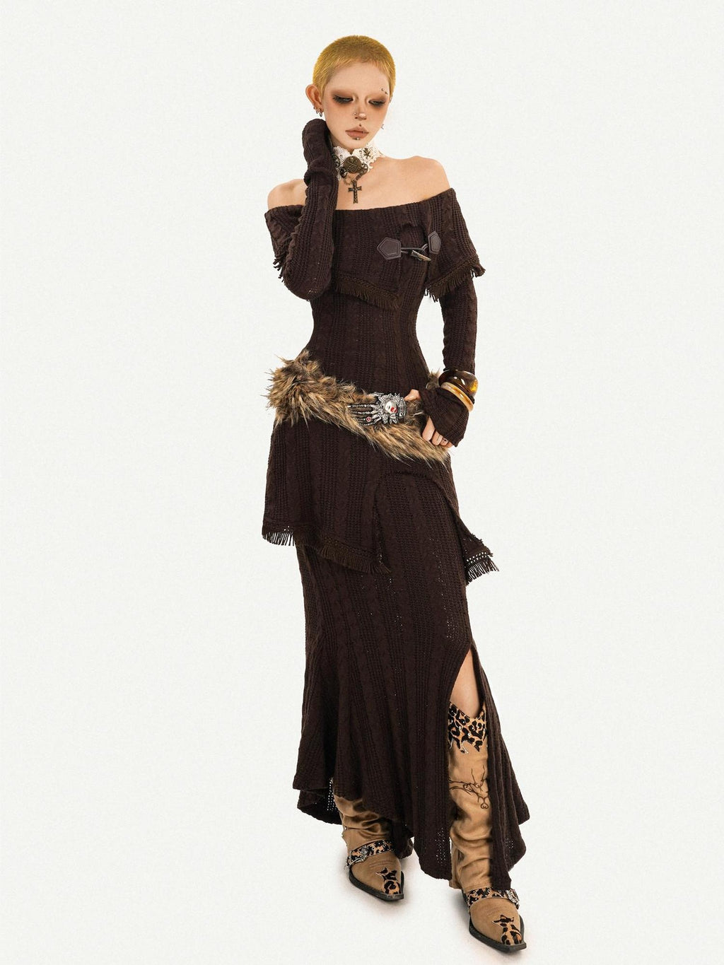 Nico Molly Knit Slim Fit Long Sleeve Mid High Waist Vintage Brown Party Top & Skirt Sets