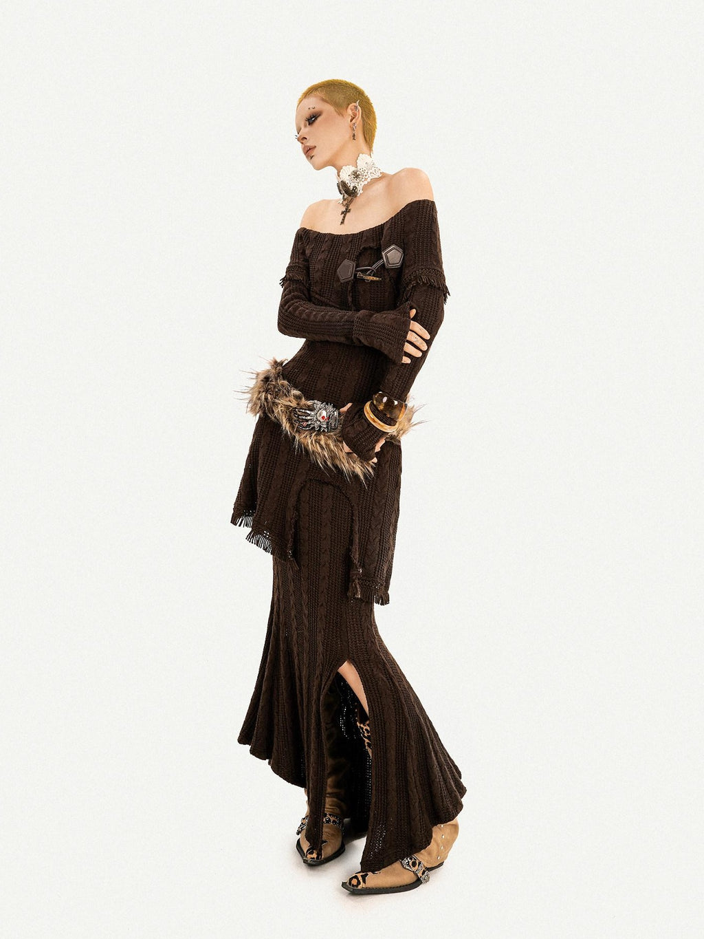 Nico Molly Knit Slim Fit Long Sleeve Mid High Waist Vintage Brown Party Top & Skirt Sets