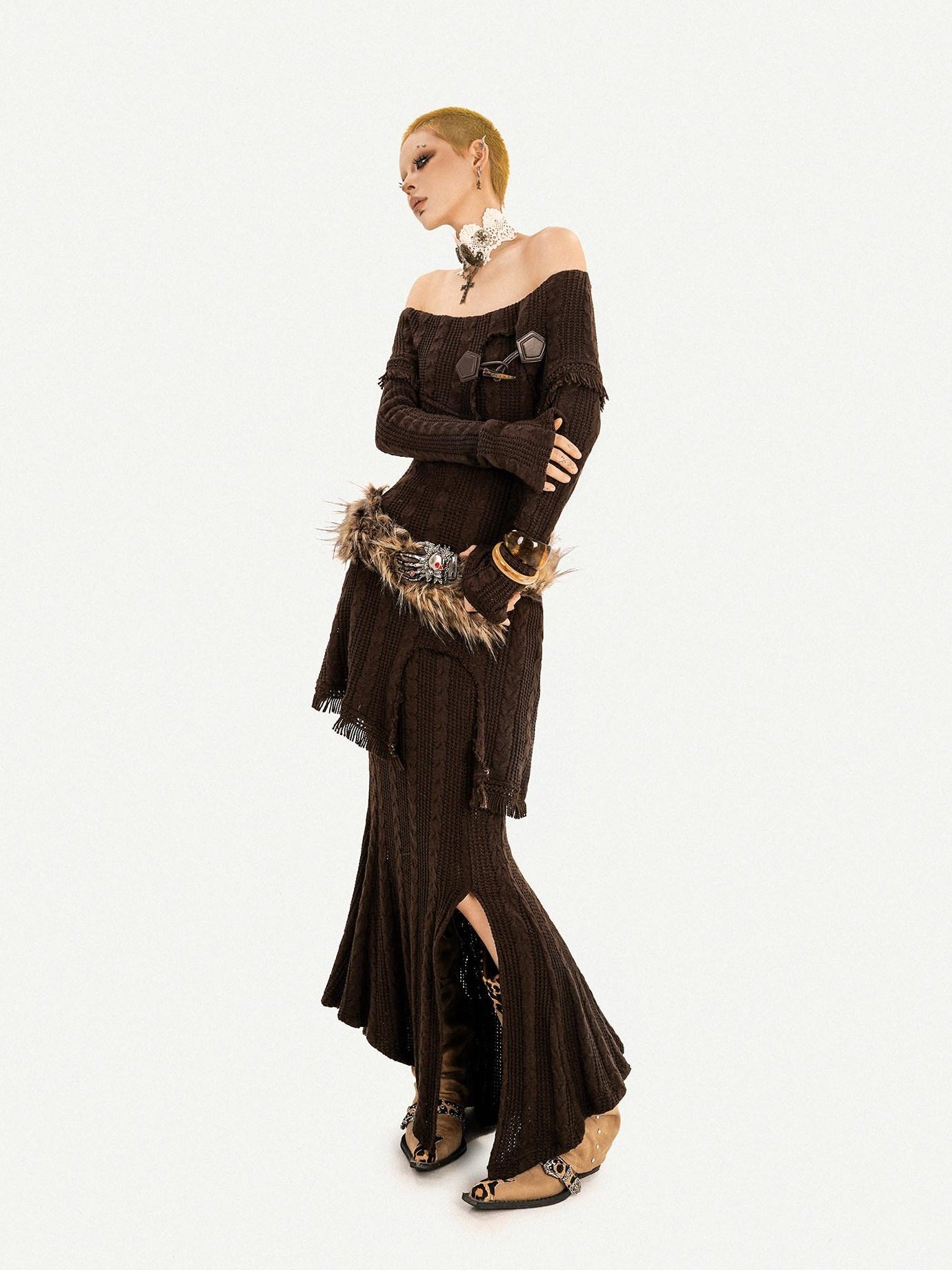 Nico Molly Knit Slim Fit Long Sleeve Mid High Waist Vintage Brown Party Top & Skirt Sets