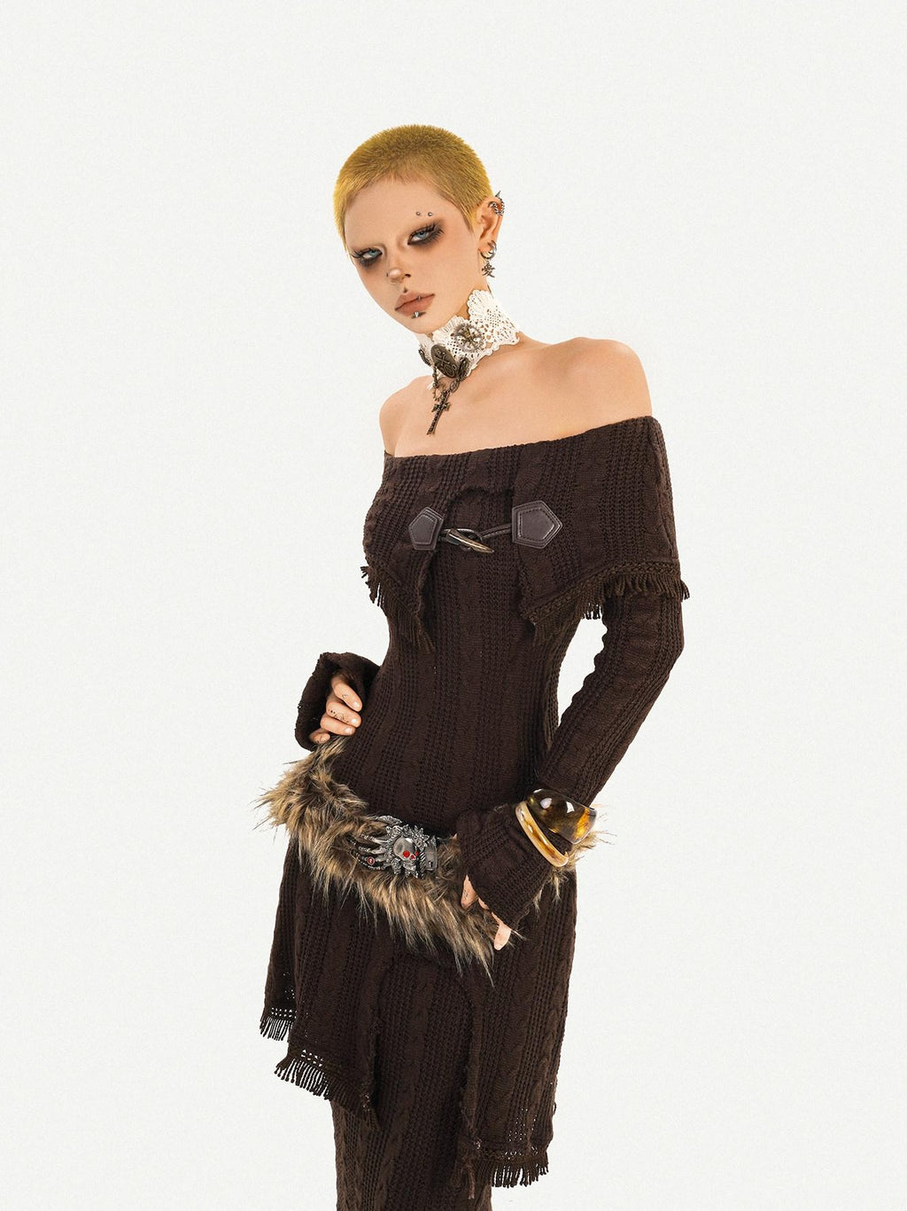 Nico Molly Knit Slim Fit Long Sleeve Mid High Waist Vintage Brown Party Top & Skirt Sets