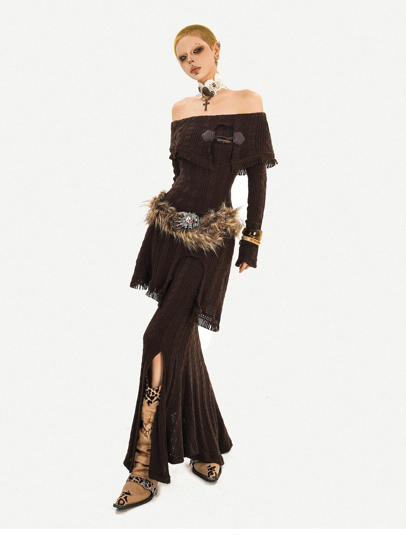Nico Molly Knit Slim Fit Long Sleeve Mid High Waist Vintage Brown Party Top & Skirt Sets