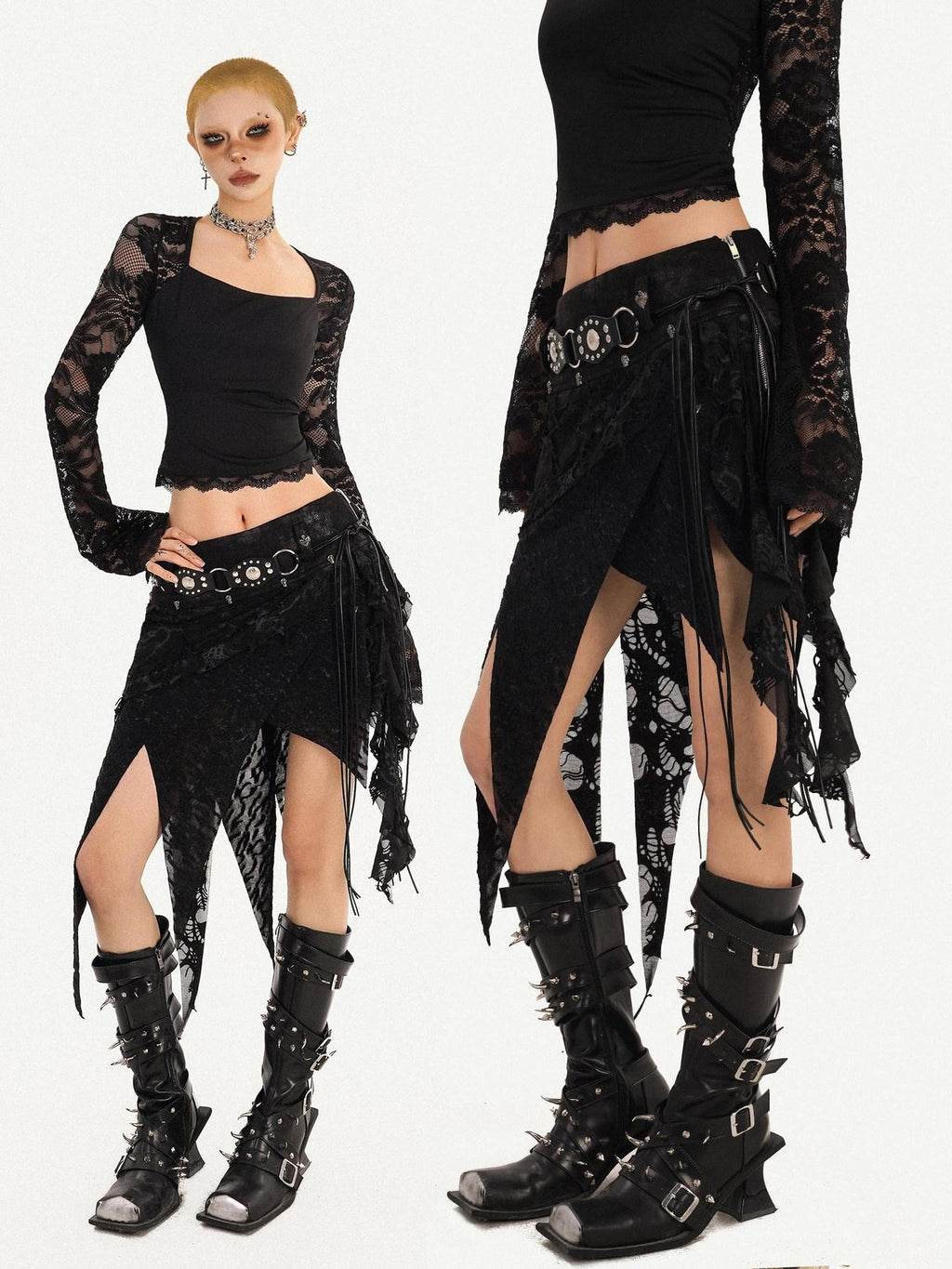 Nico Molly Lace Lined Fringe Asymmetric Slim Fit Side Zipper Women Black Midi Skirts