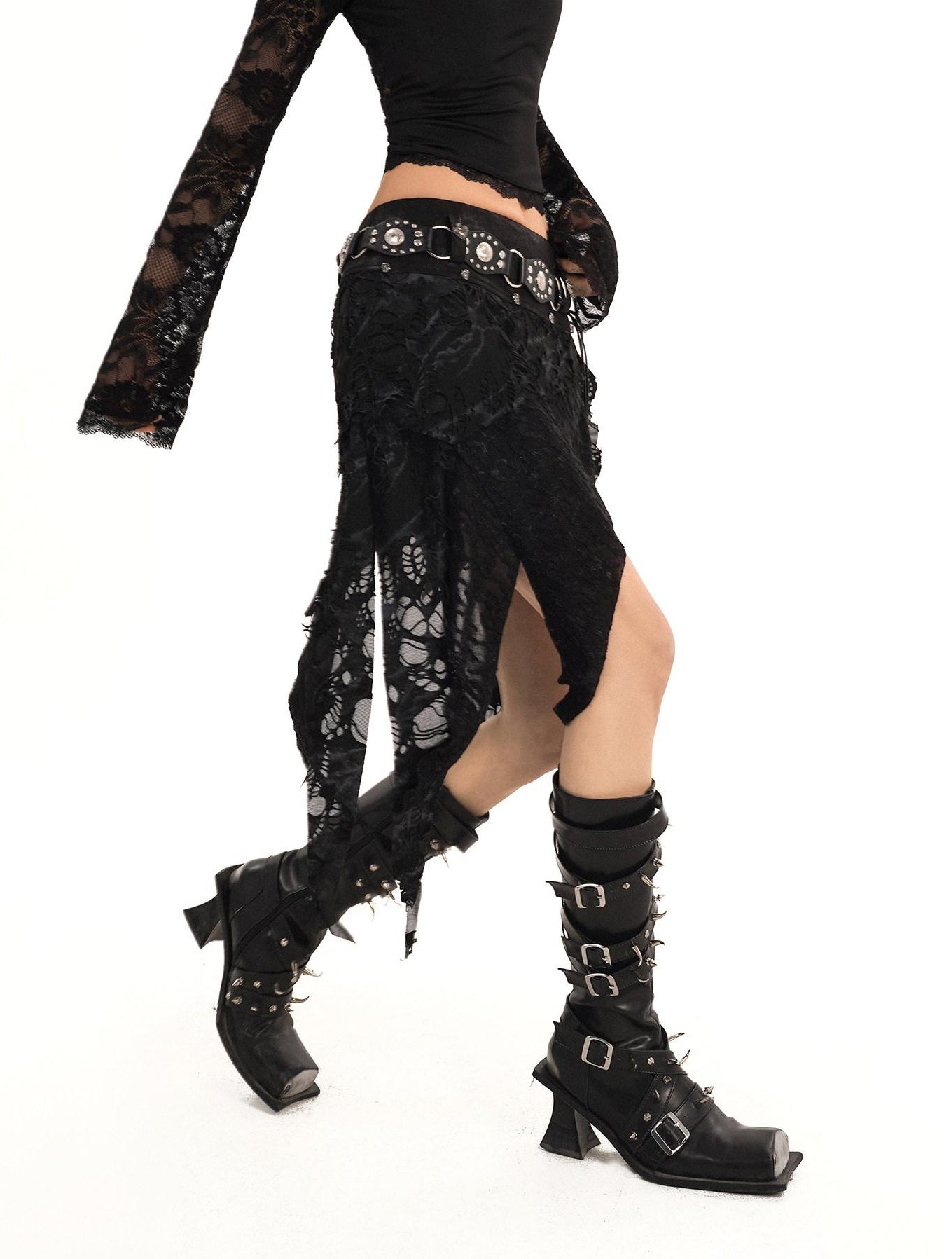 Nico Molly Lace Lined Fringe Asymmetric Slim Fit Side Zipper Women Black Midi Skirts