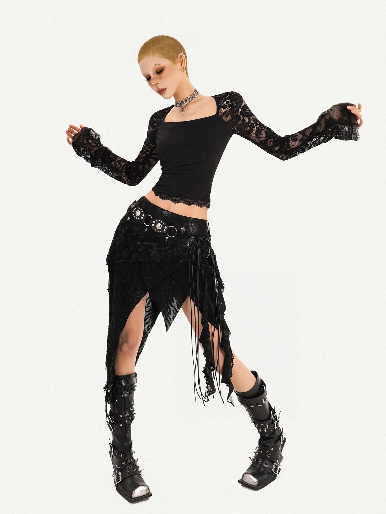Nico Molly Lace Lined Fringe Asymmetric Slim Fit Side Zipper Women Black Midi Skirts
