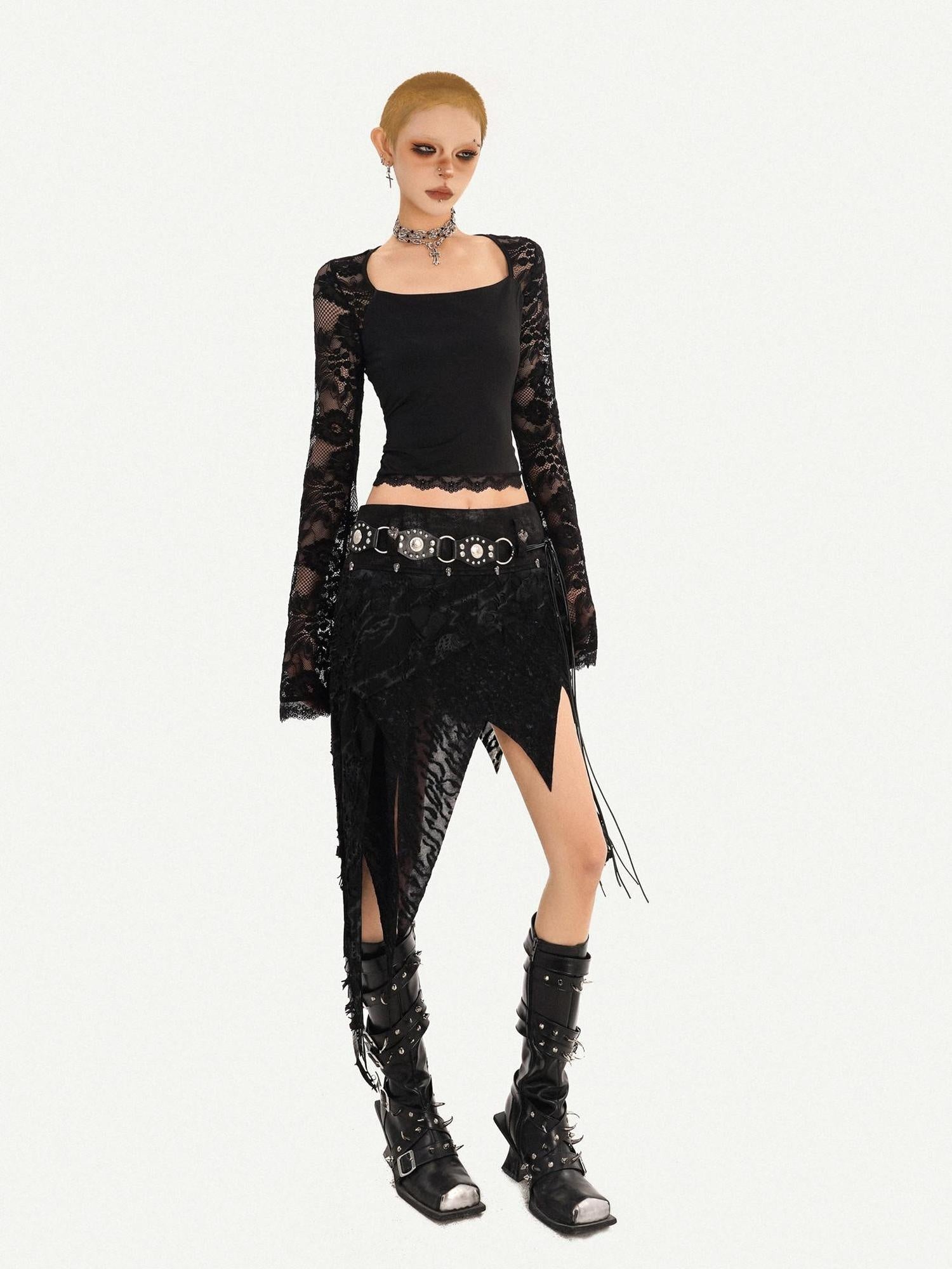 Nico Molly Lace Lined Fringe Asymmetric Slim Fit Side Zipper Women Black Midi Skirts