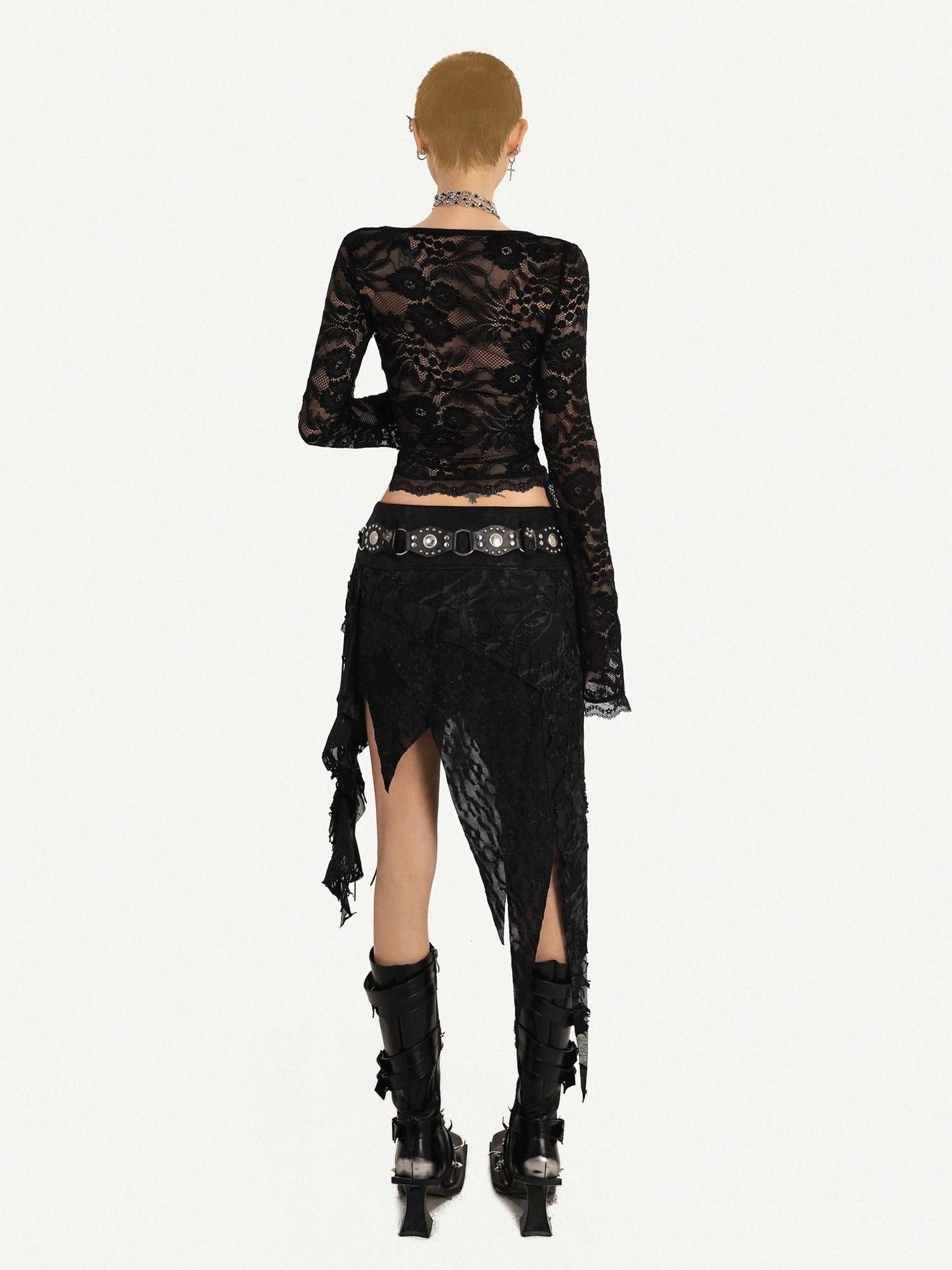 Nico Molly Lace Lined Fringe Asymmetric Slim Fit Side Zipper Women Black Midi Skirts