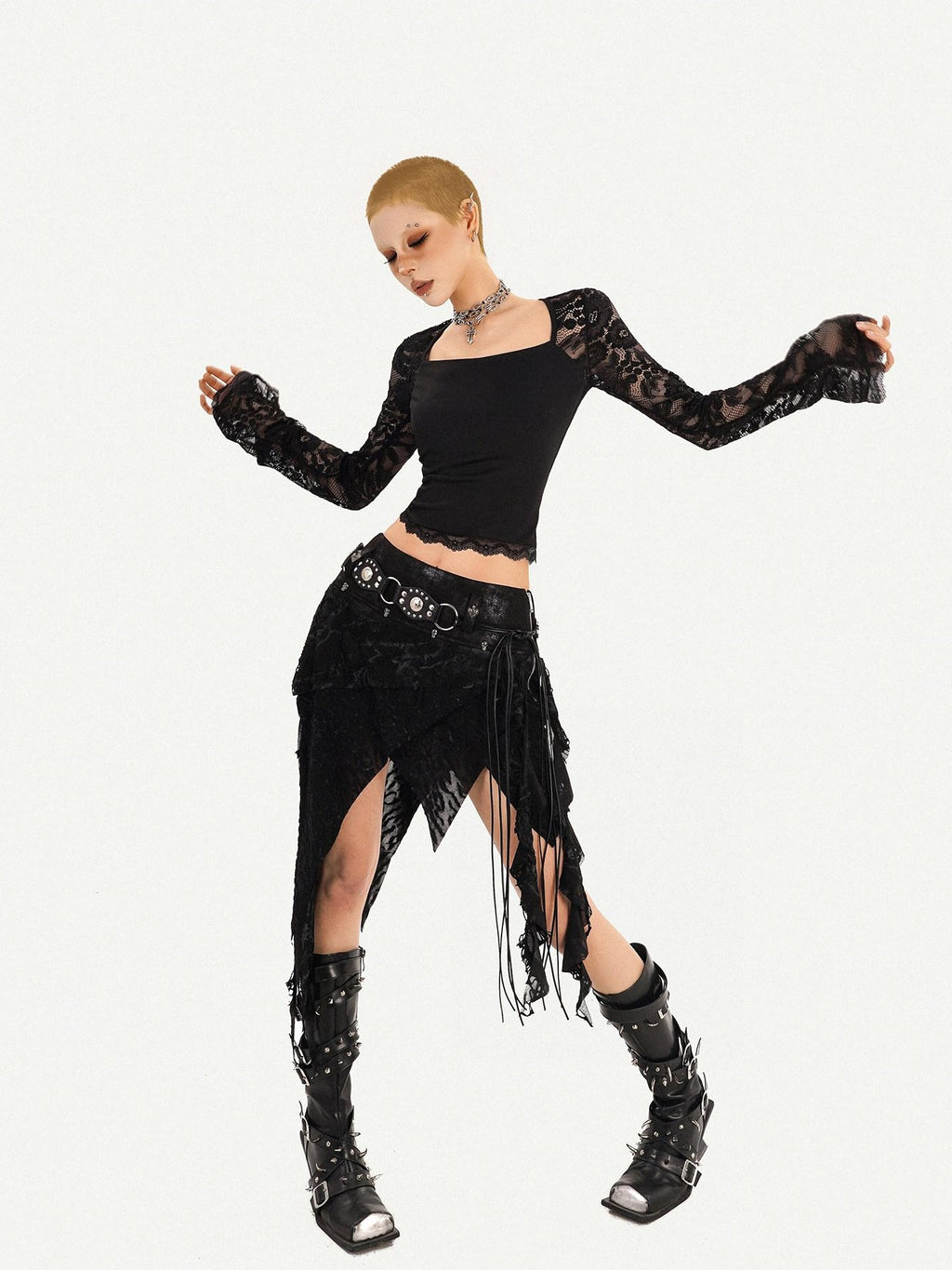 Nico Molly Lace Lined Fringe Asymmetric Slim Fit Side Zipper Women Black Midi Skirts