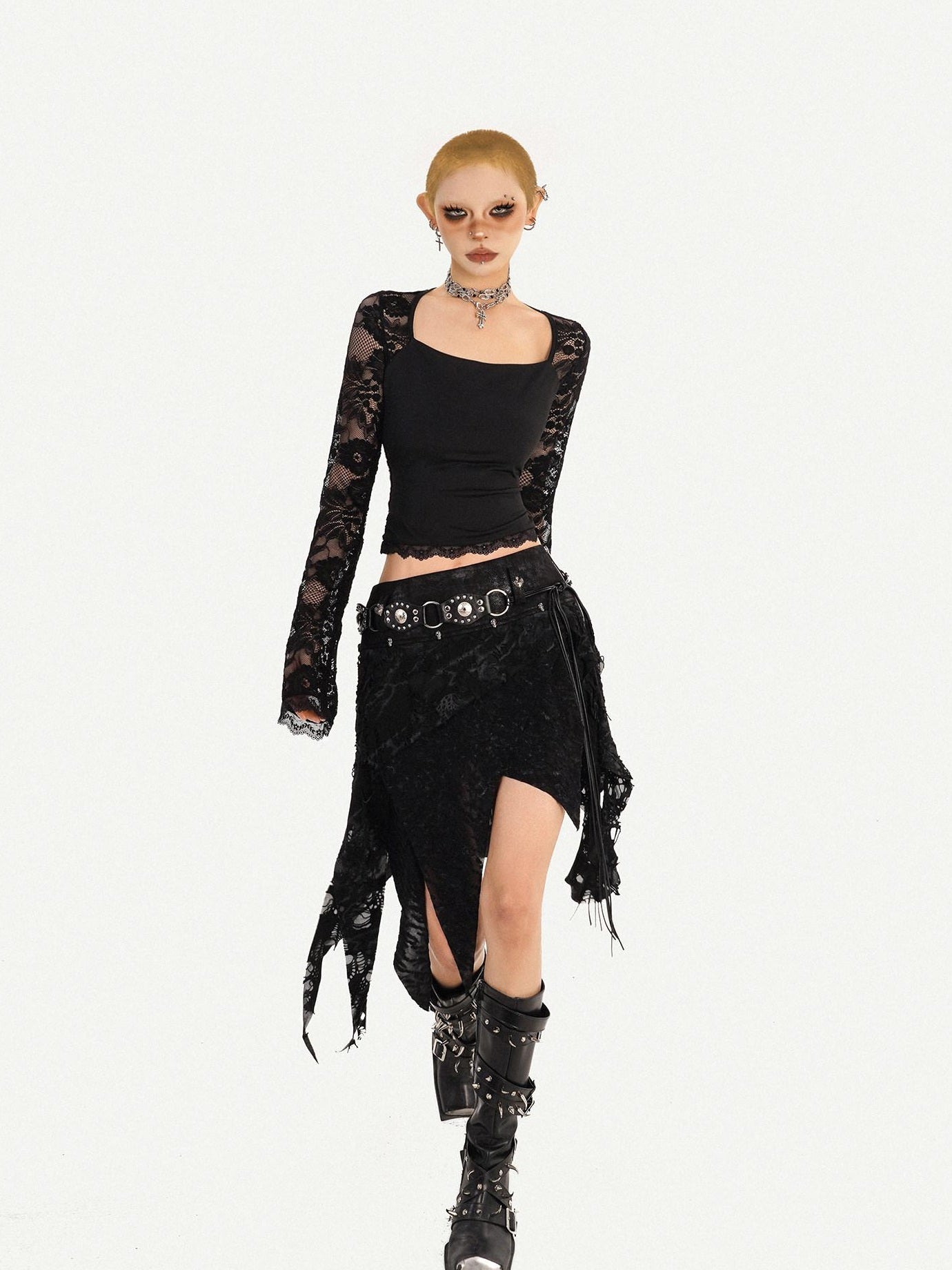 Nico Molly Lace Lined Fringe Asymmetric Slim Fit Side Zipper Women Black Midi Skirts