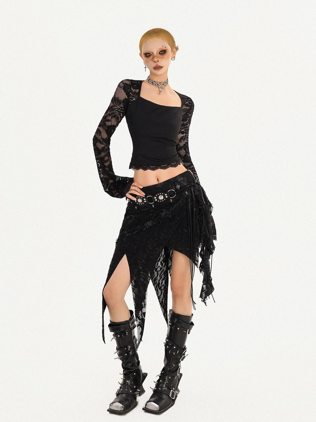 Nico Molly Lace Lined Fringe Asymmetric Slim Fit Side Zipper Women Black Midi Skirts
