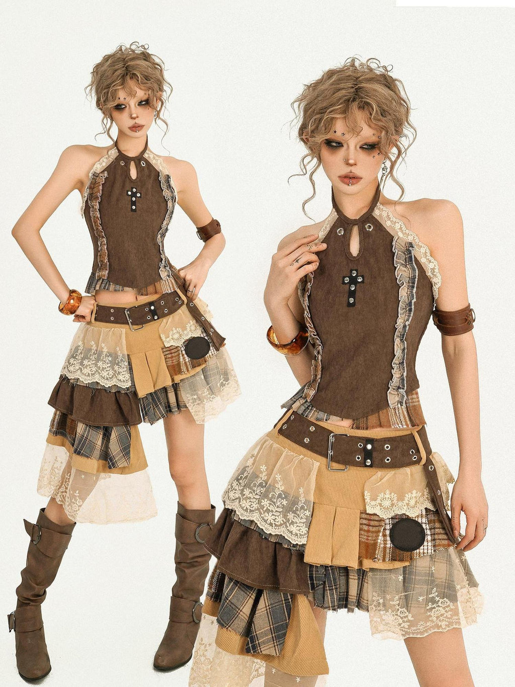 Nico Molly Lace Patchwork Halter Slim Fit Street Style Women Short Brown Camisoles