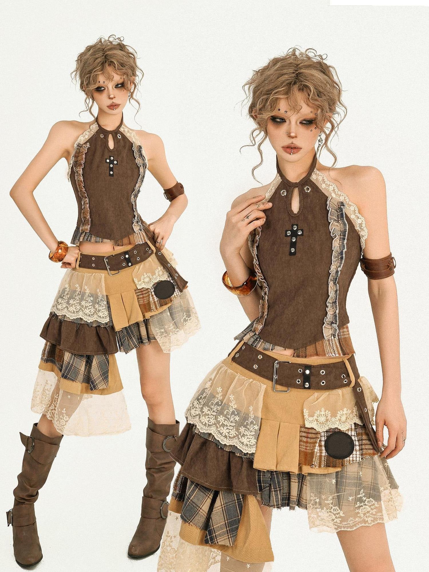 Nico Molly Lace Patchwork Halter Slim Fit Street Style Women Short Brown Camisoles