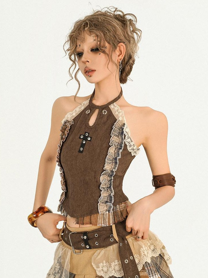 Nico Molly Lace Patchwork Halter Slim Fit Street Style Women Short Brown Camisoles
