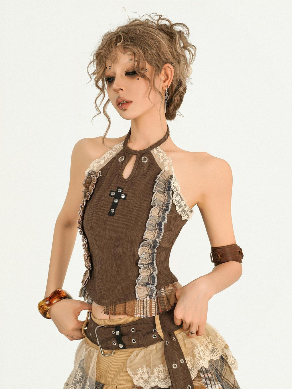 Nico Molly Lace Patchwork Halter Slim Fit Street Style Women Short Brown Camisoles