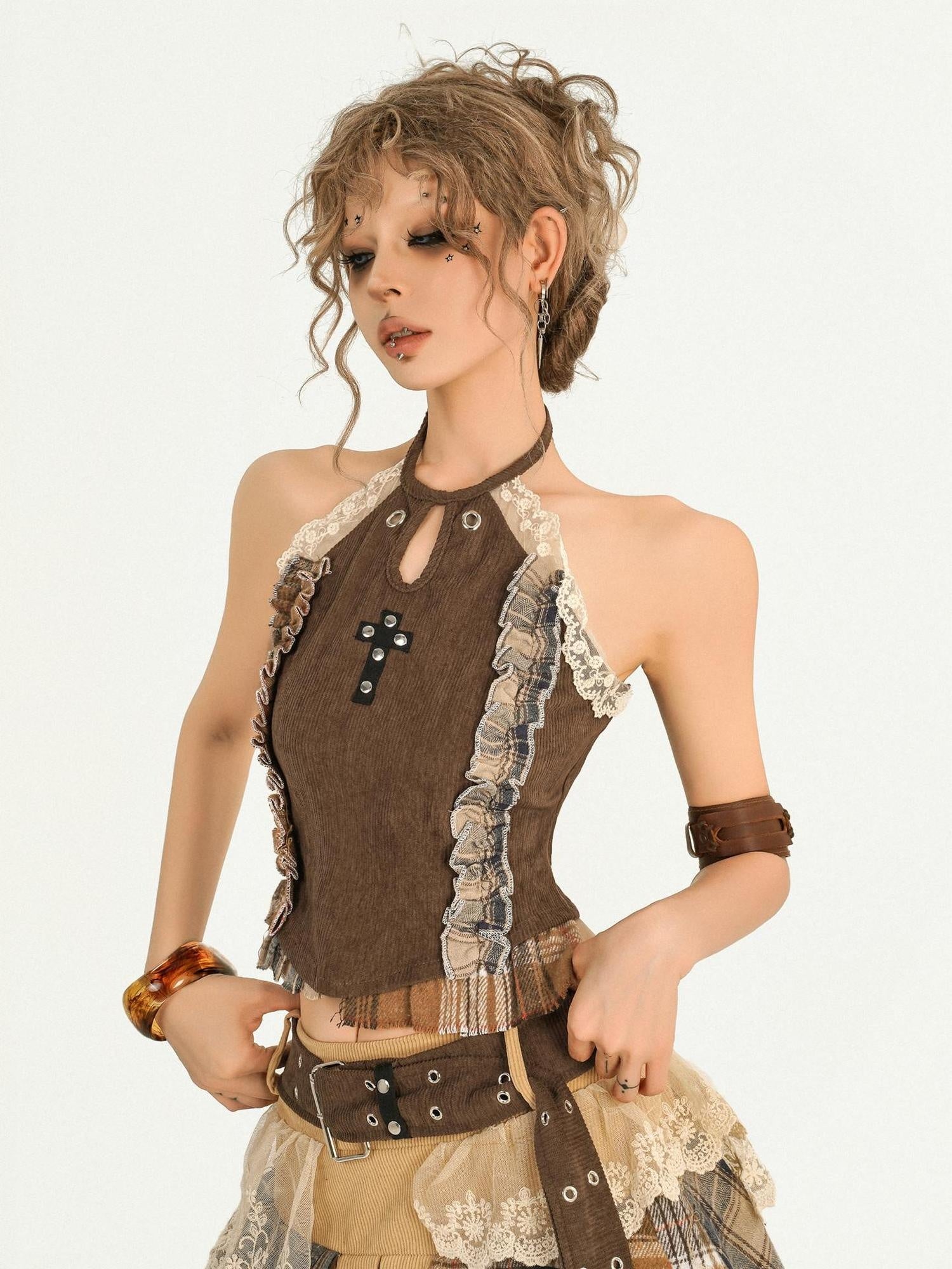 Nico Molly Lace Patchwork Halter Slim Fit Street Style Women Short Brown Camisoles