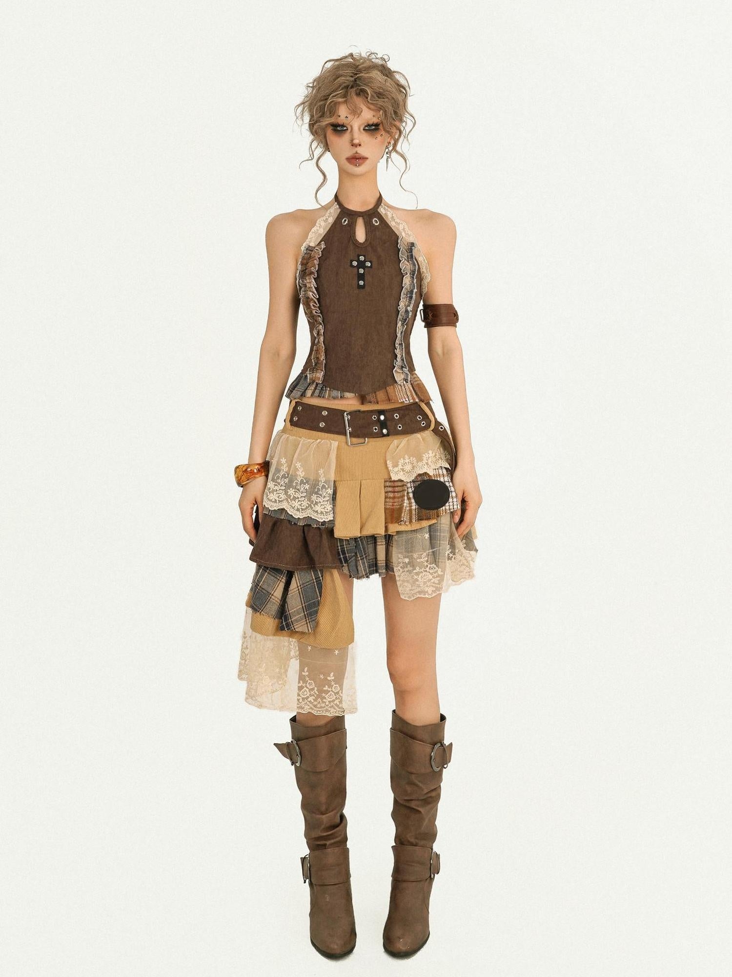Nico Molly Lace Patchwork Halter Slim Fit Street Style Women Short Brown Camisoles